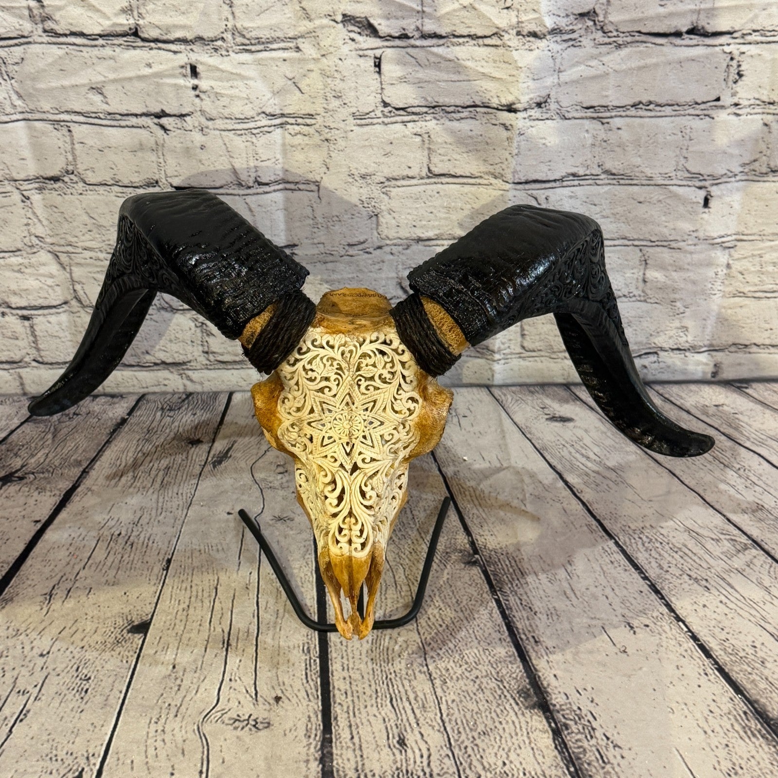 30cm Carved Buffalo Ram Wild Skulls Wall Hanging Carved With Stand Design 18
