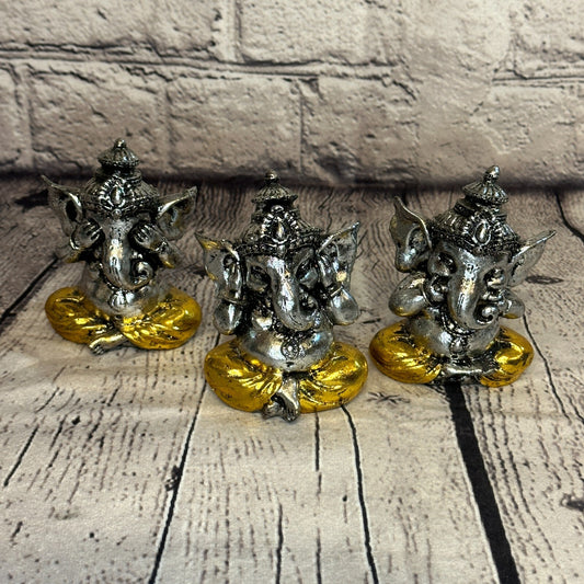 Silver Gold 10cm Set Of 3 Wise Ganesh Ganesa Sitting On Seat Statue Resin Hindu0