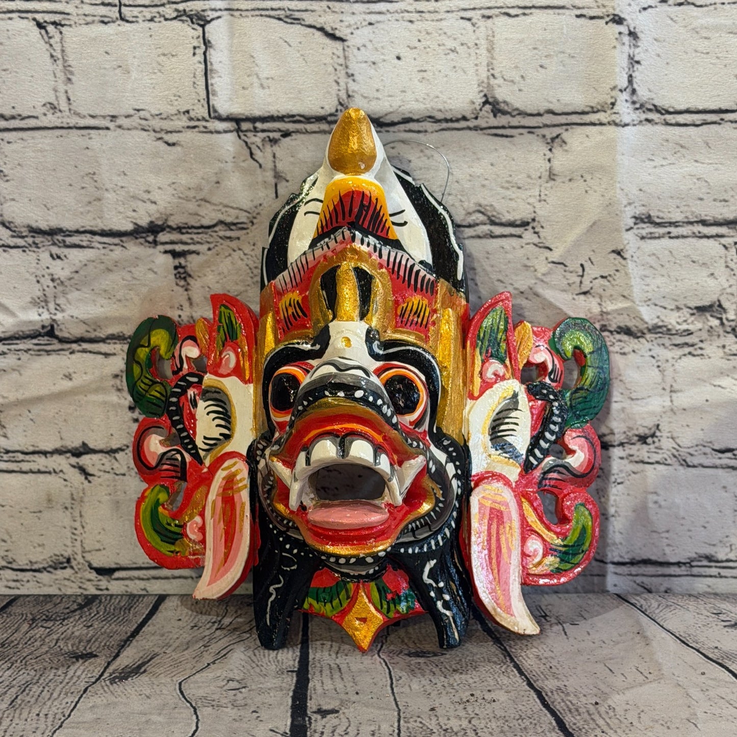 25cm Barong Crown White Demon Dragon Hindu Deity Wooden Hand Carved Mask Painted2