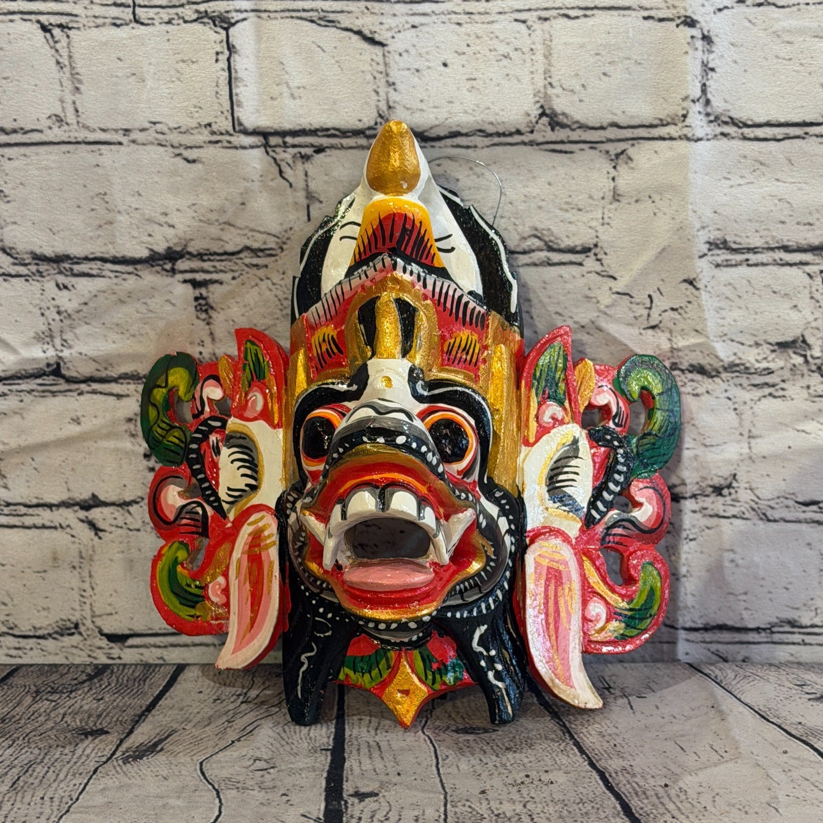 25cm Barong Crown White Demon Dragon Hindu Deity Wooden Hand Carved Mask Painted2