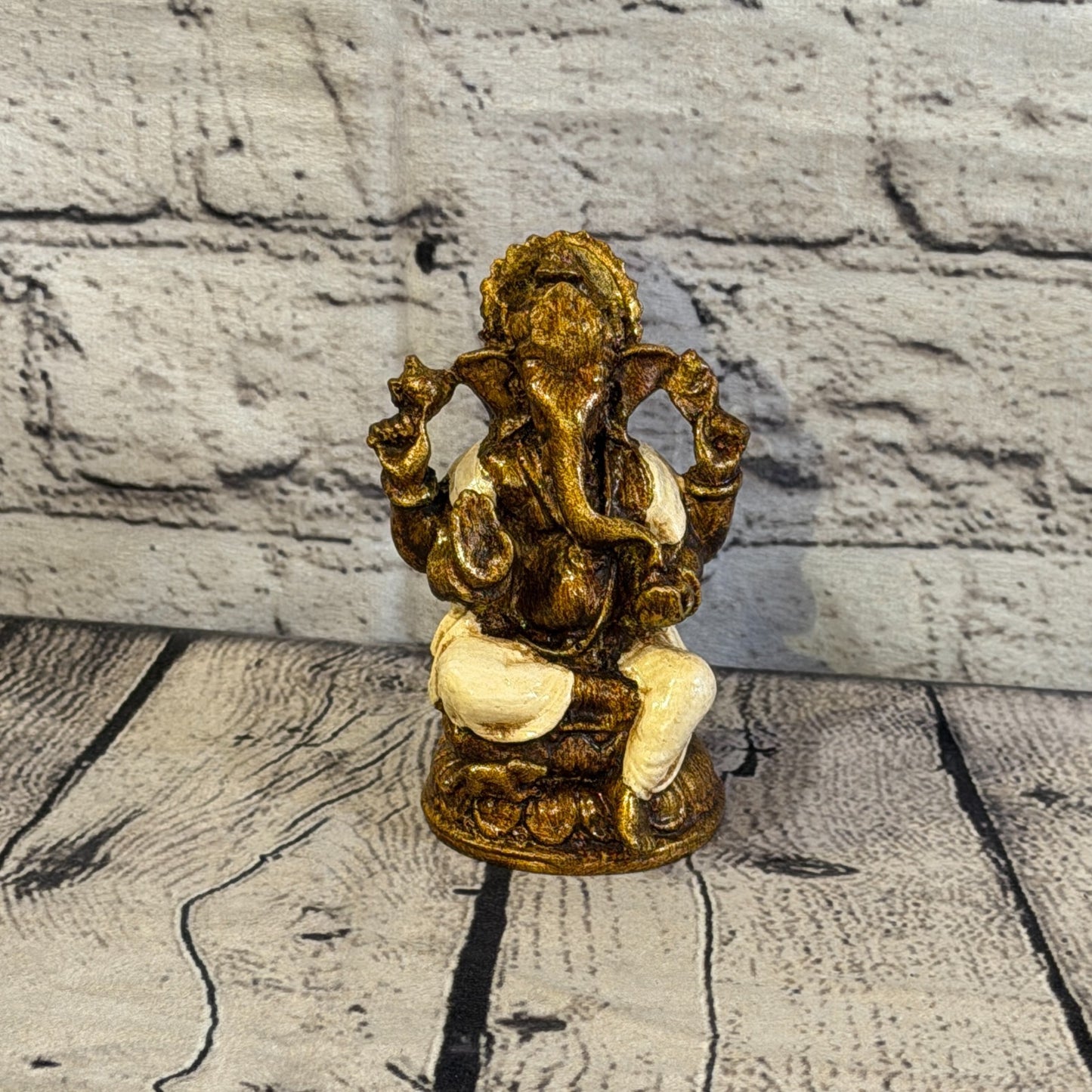 Cream & Bronze 12cm Small Ganesh Ganesa Sitting On Lotus Statue Resin Hindu1