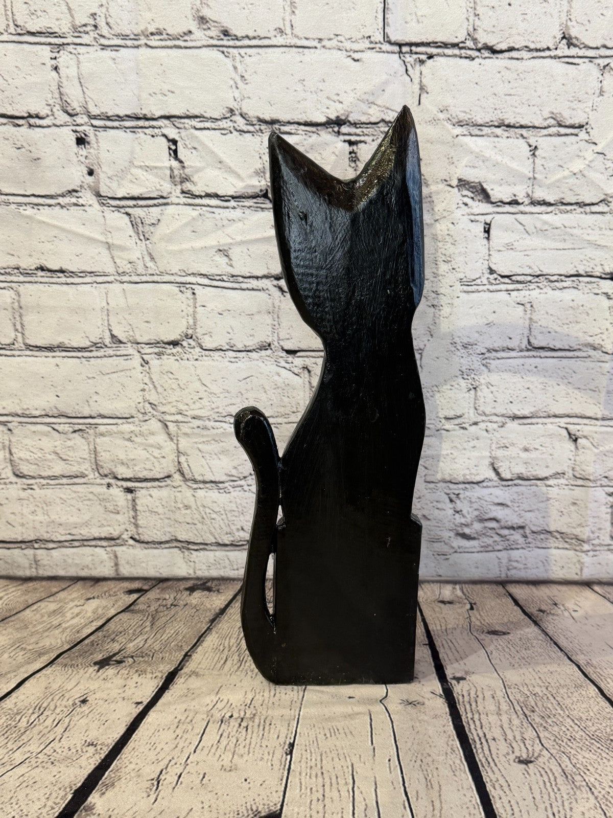 40cm Black Mix Flower Wooden Shabby Cat Statue Ornament Fair Trade Handcarved4