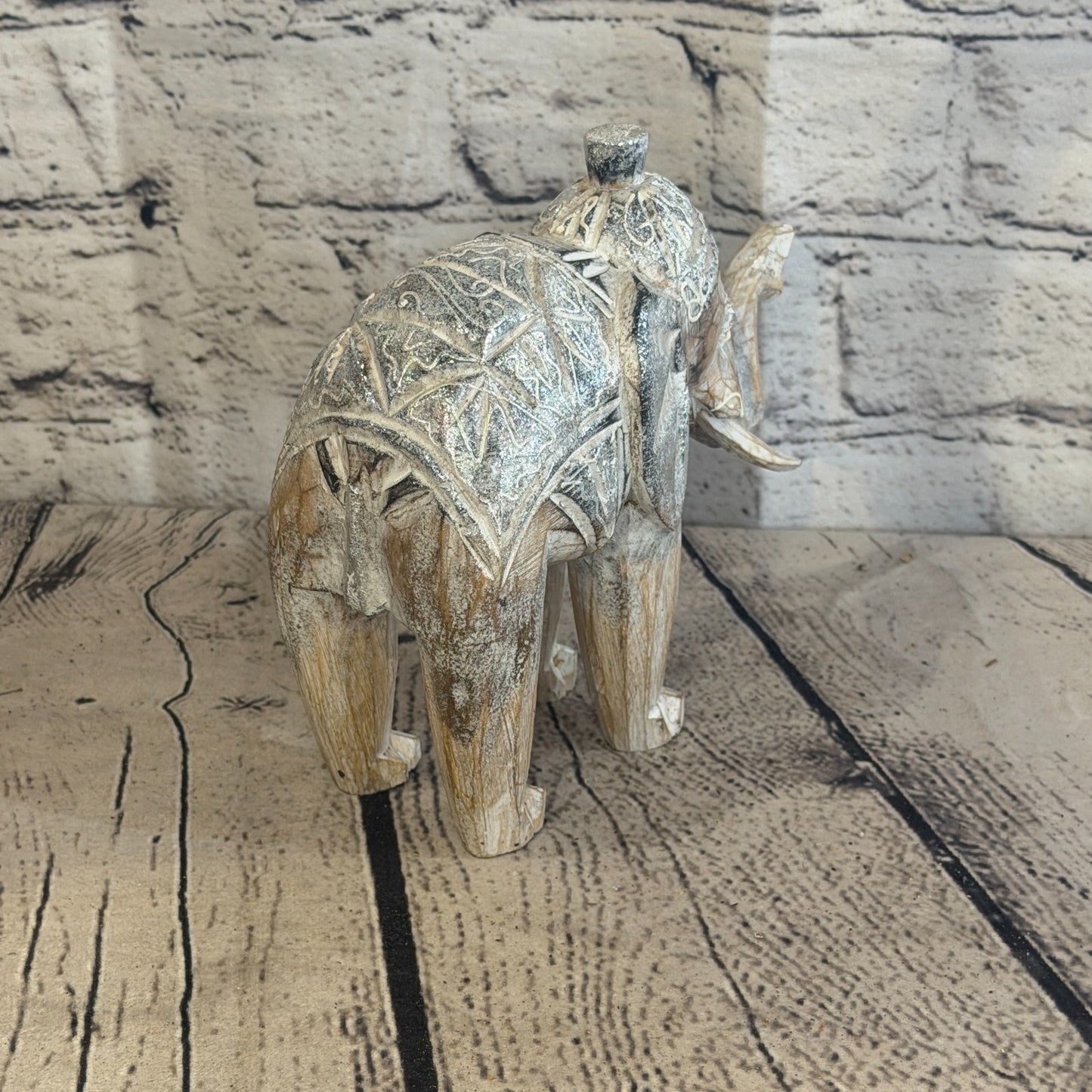 15cm x 15cm Brown Silver Wooden Standing Elephant Hand Carved & Painted4