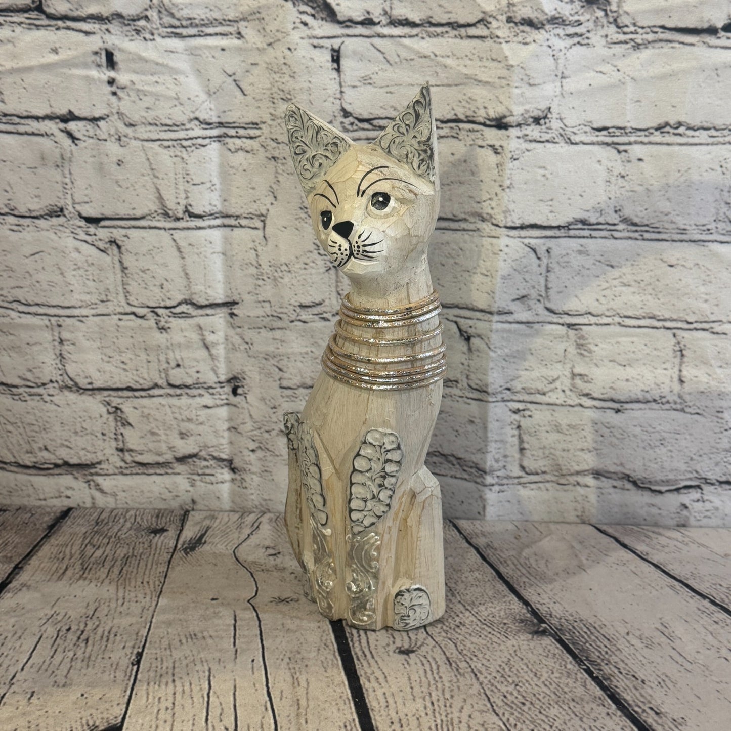 30cm White Silver Dots Wooden Shabby Cat Statue Ornament Fair Trade Handcarved1