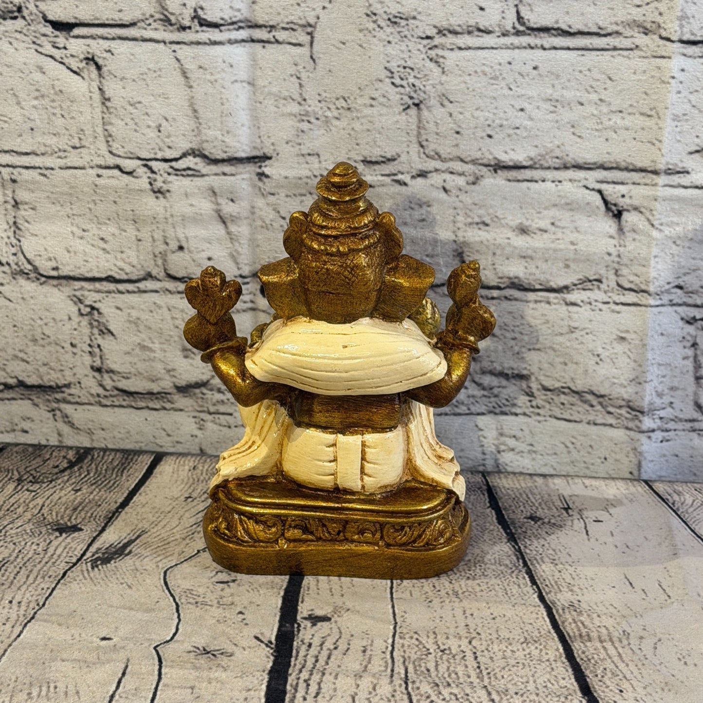 Cream & Bronze 18cm Large Ganesh Ganesa Sitting On Lotus Statue Resin Hindu4