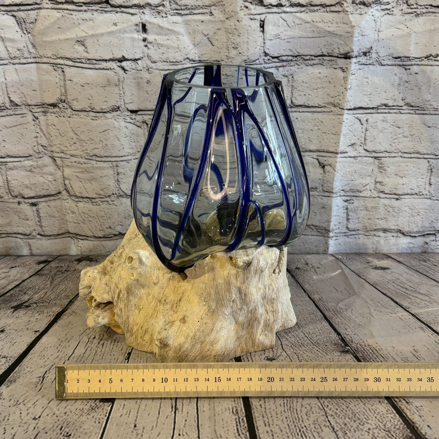 30cm Tall Blue Streak Melted Glass Wood Decorative Vase Glass Sculpture Crafted5