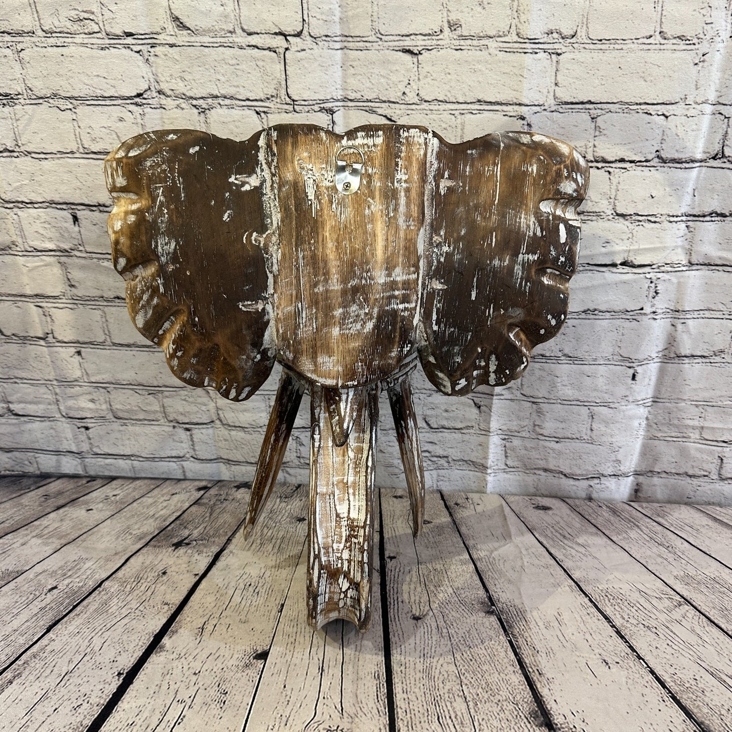 40cm x 35cm Brown Carved Wood Elephant Head Wall Mounted Art Large Shabby7