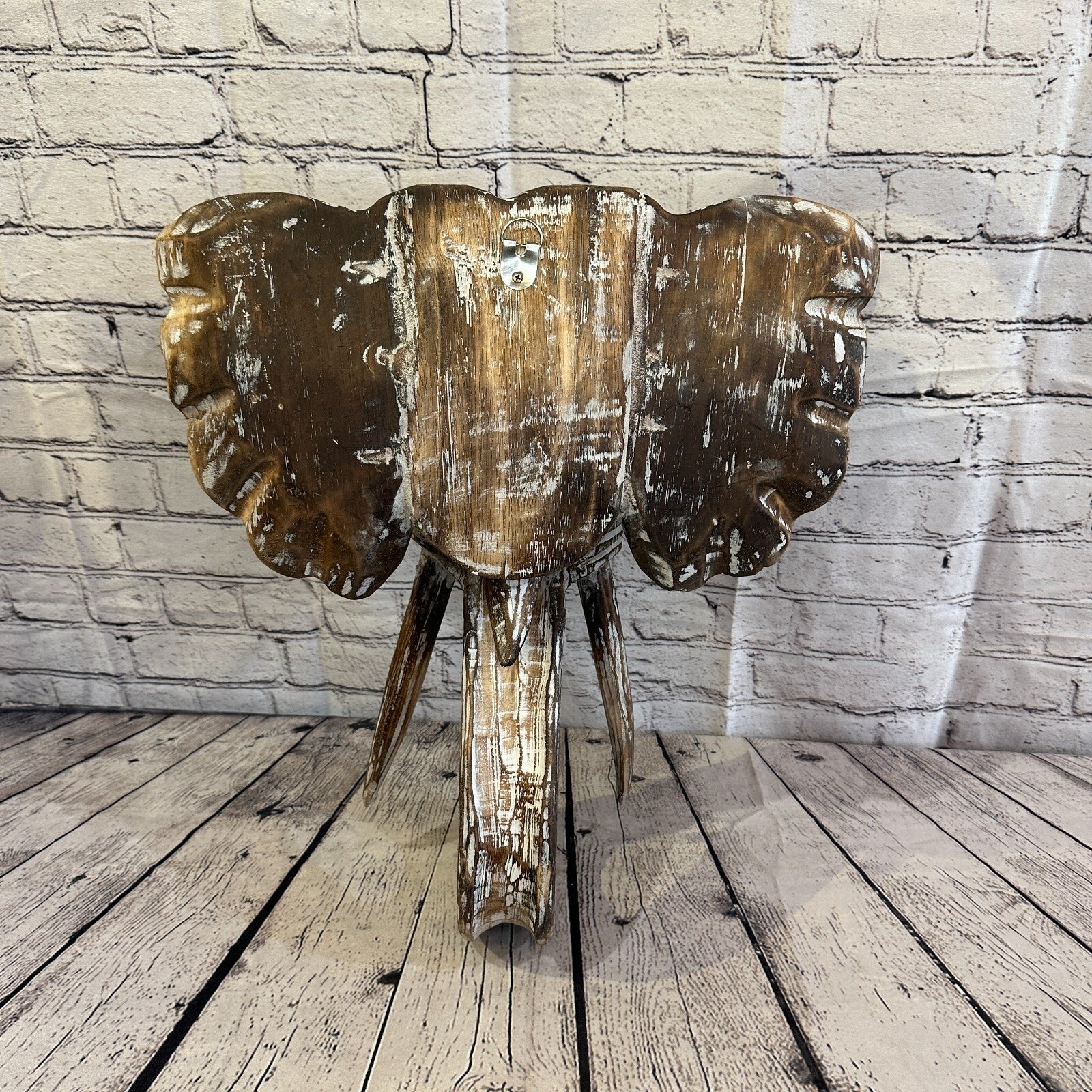 40cm x 35cm Brown Carved Wood Elephant Head Wall Mounted Art Large Shabby7