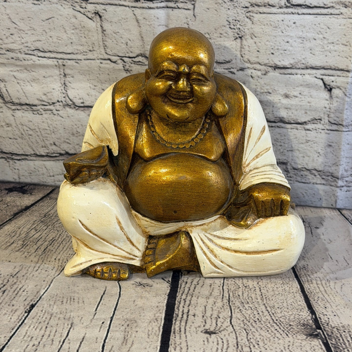 Cream & Bronze 20cm x 20cm Large Chinese Buddha Sitting On Lotus Statue Resin1