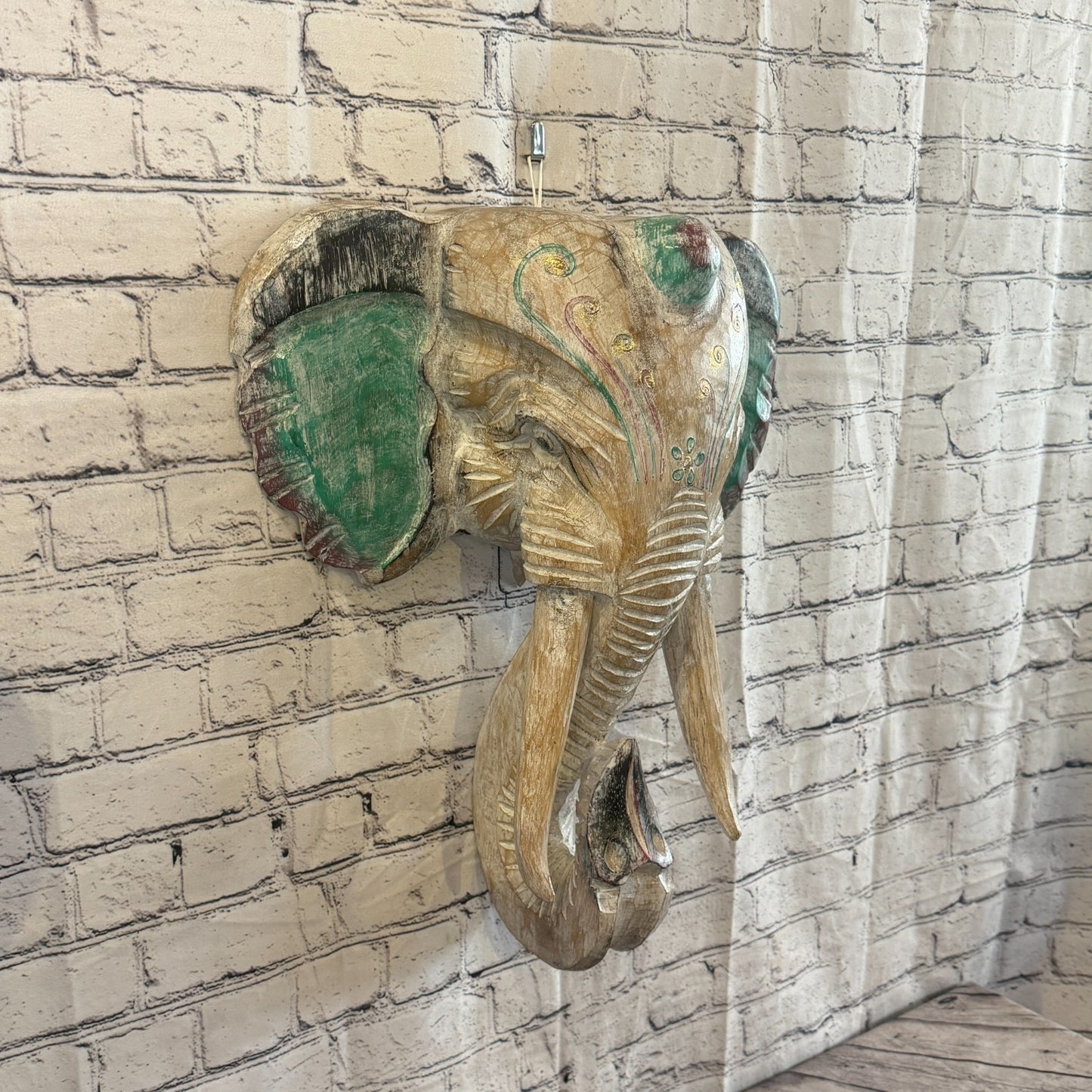 50cm x 45cm Silver Green Painted Wood Elephant Head Wall Mounted Art Shabby0