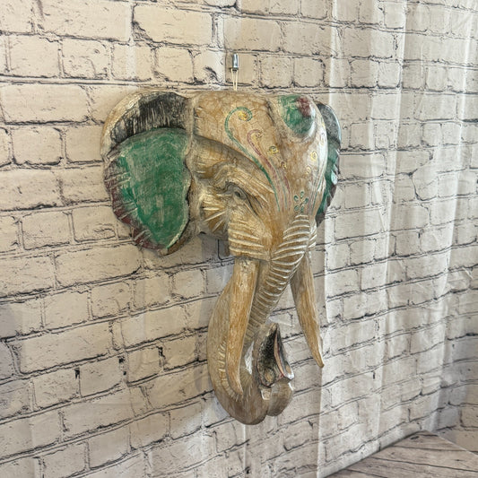50cm x 45cm Silver Green Painted Wood Elephant Head Wall Mounted Art Shabby0