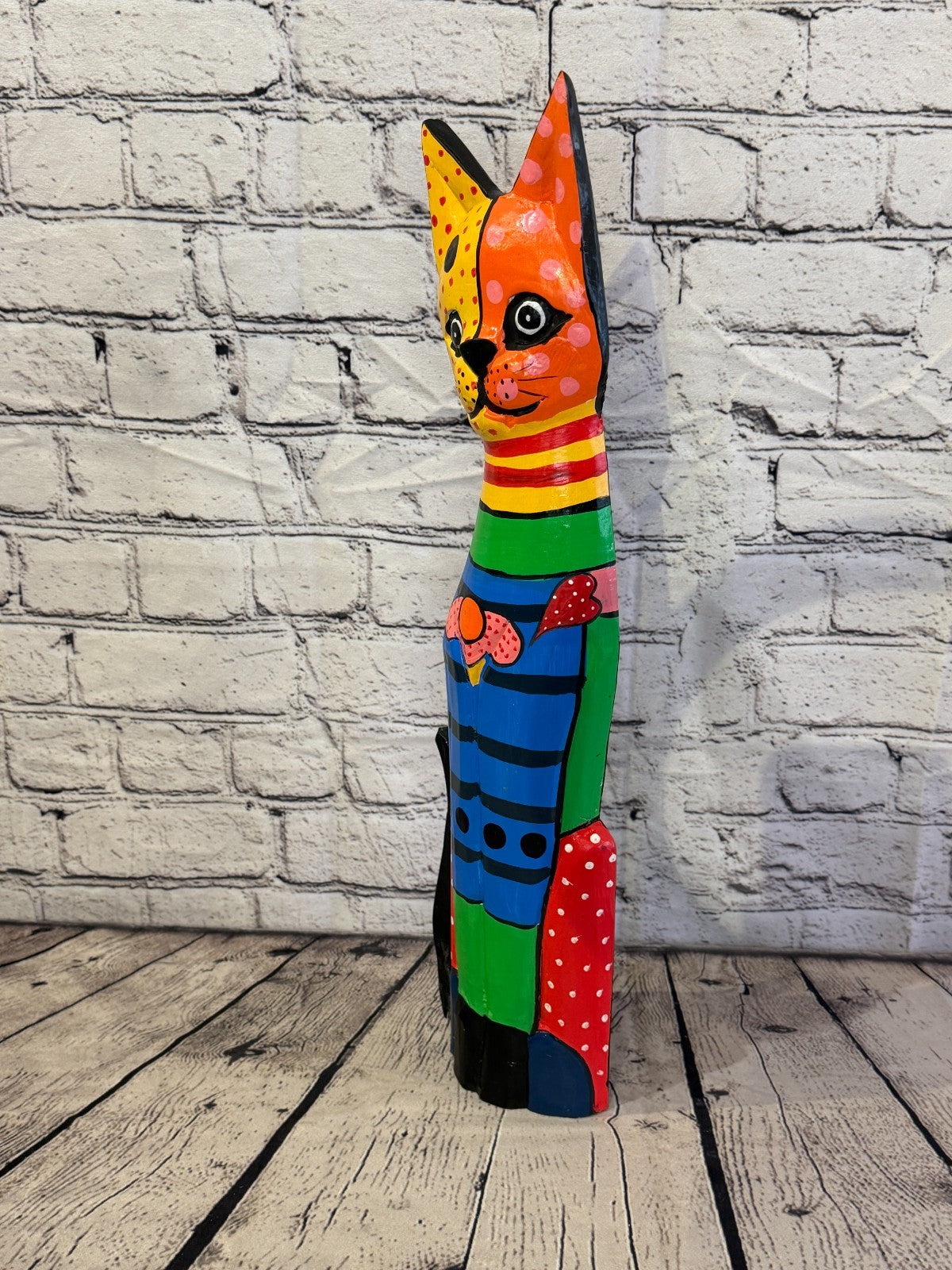 50cm Bright Mix Flower Wooden Shabby Cat Statue Ornament Fair Trade Handcarved1