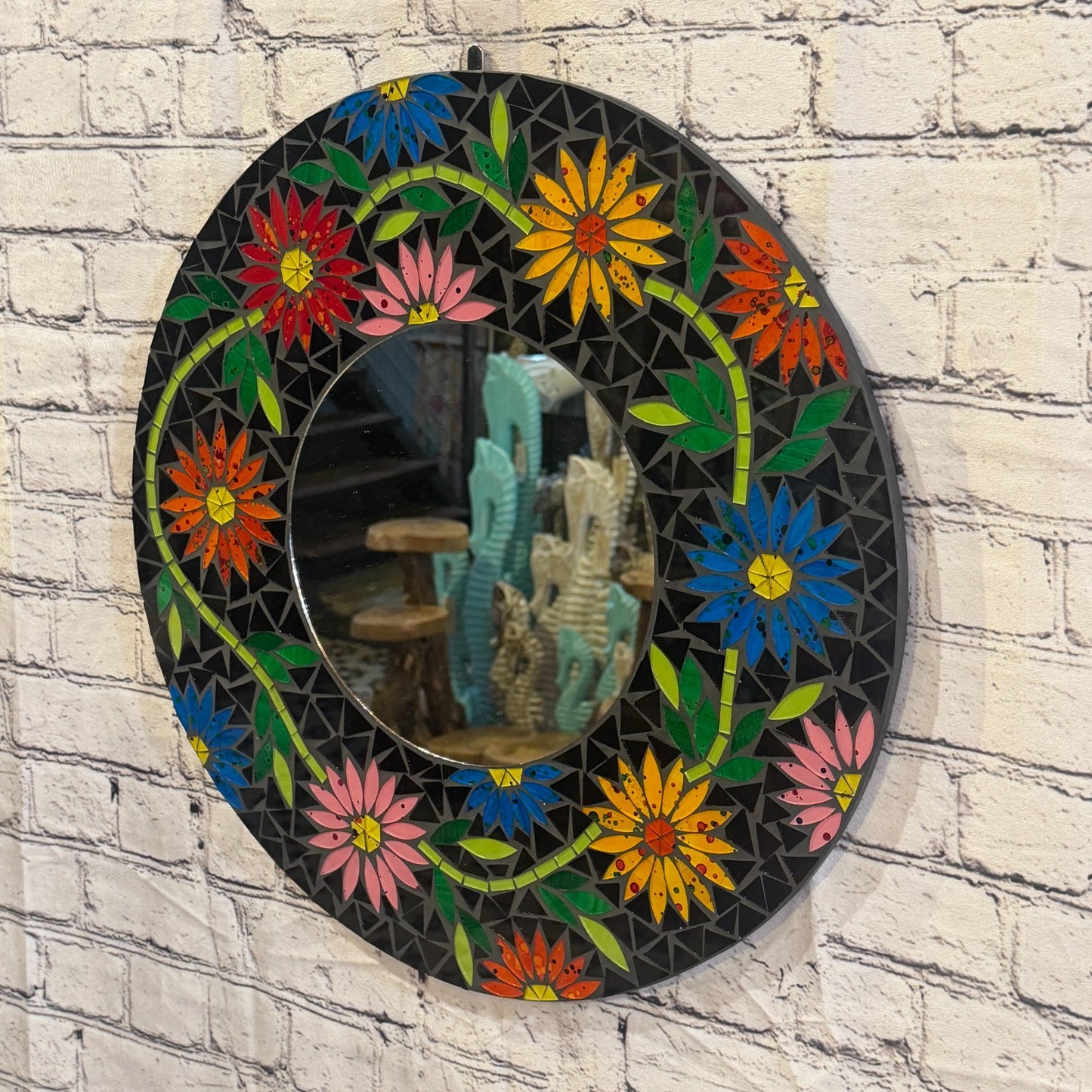 Rainbow Flower Black Mosaic Tile Wall Mirror 50cm x 50cm 20 Inches Handmade1