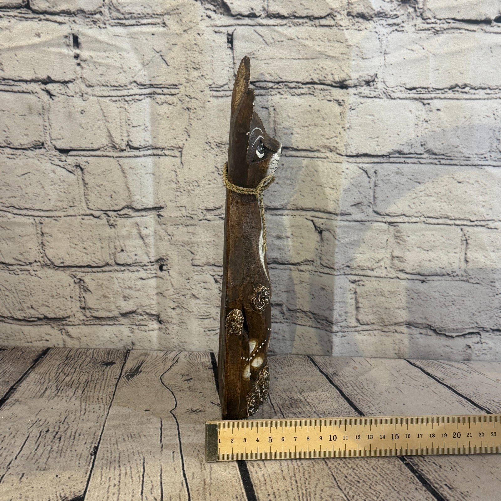30cm Brown Silver Dots Wooden Shabby Cat Statue Ornament Fair Trade Handcarved7