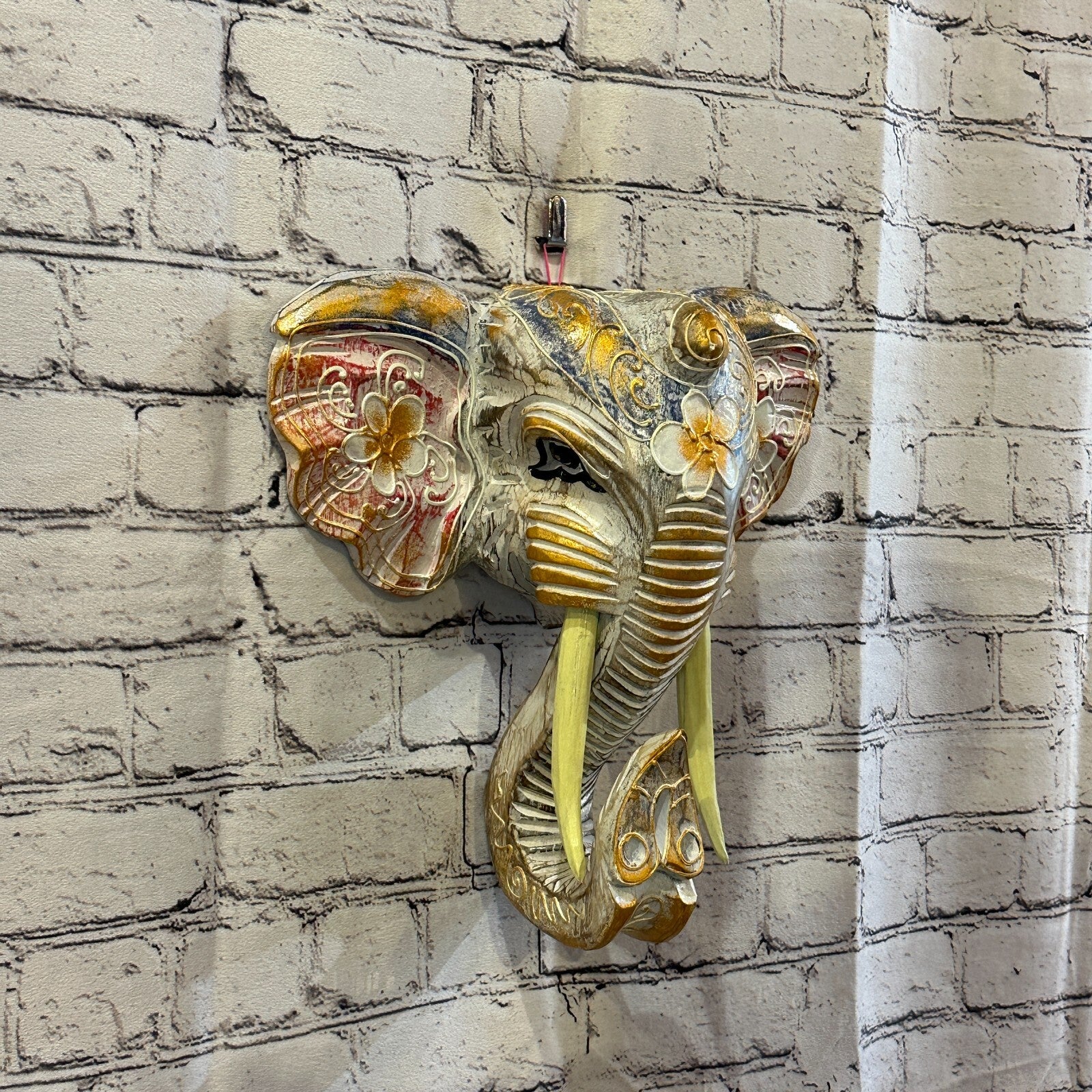 30cm x 30cm Pink Flower Painted Wood Elephant Head Wall Mounted Art Shabby0