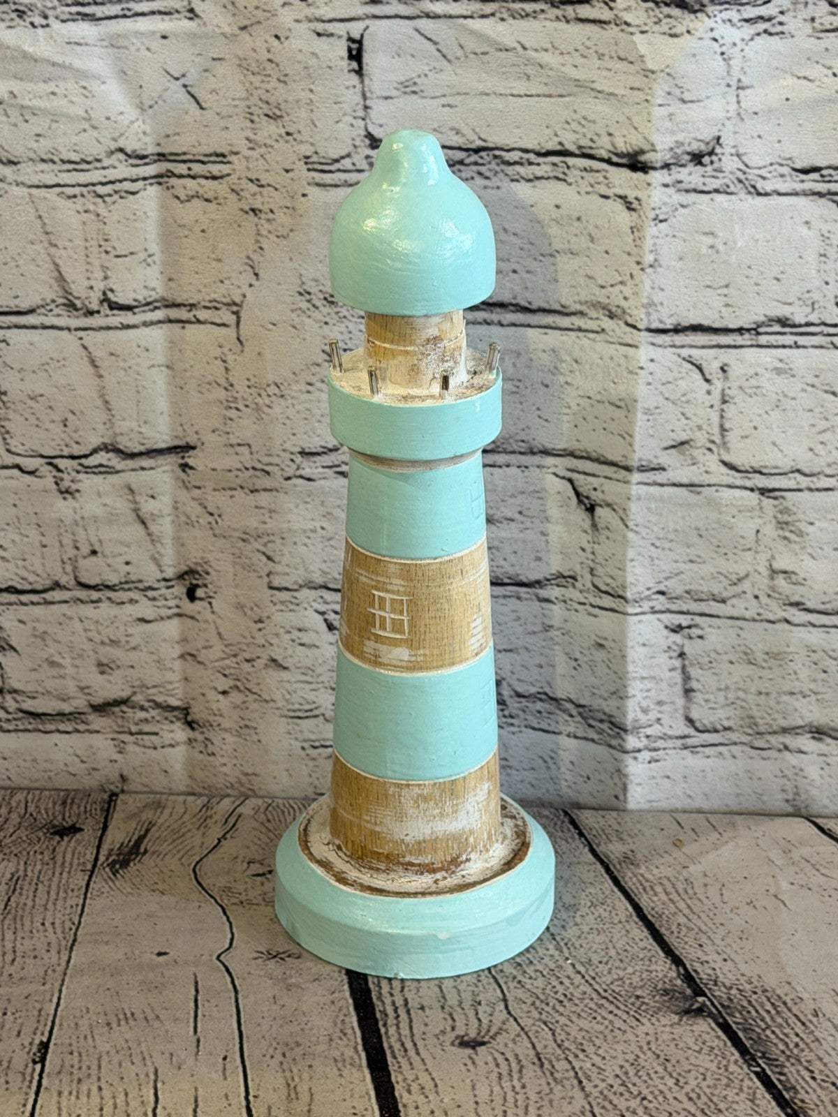30cm Green White Wooden Lighthouse Ornament Nautical Coastal Sculpture Statue2