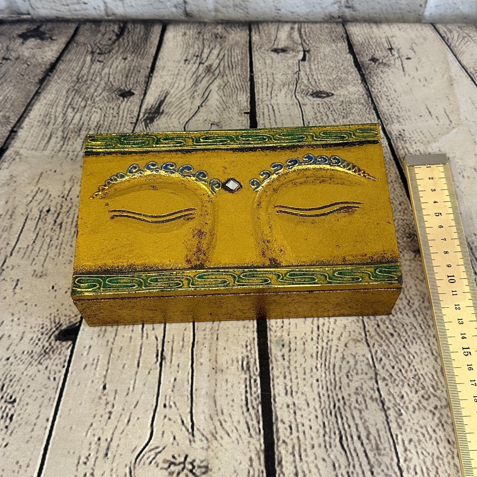 Bright Gold Thai Plain Buddha Eyes 20cm x 12cm x 5cm Wooden Box Trinket Handmade5