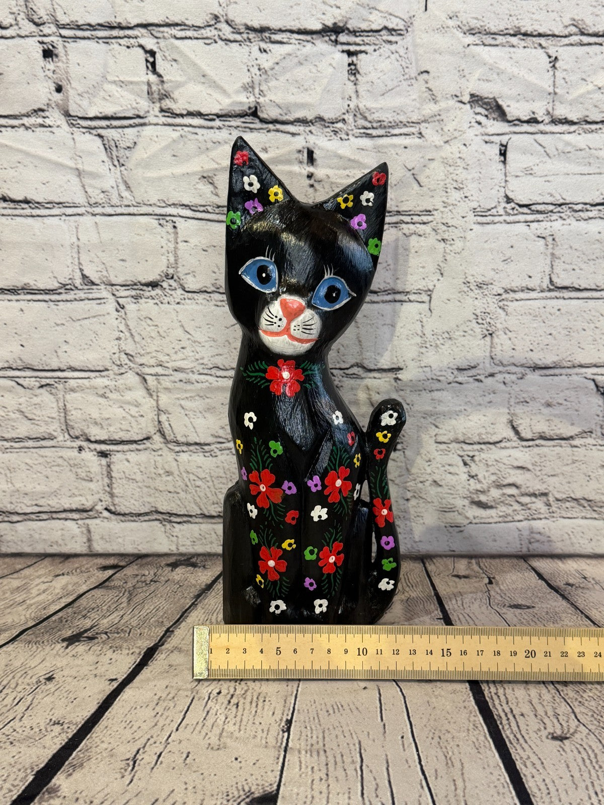30cm Black Mix Flower Wooden Shabby Cat Statue Ornament Fair Trade Handcarved6