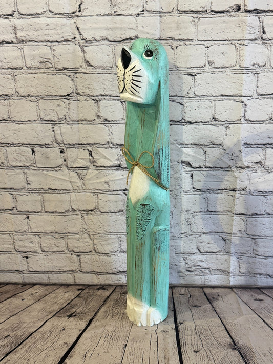 60cm Green Teal Wooden Shabby Dog Statue Ornament Fair Trade Handcarved0