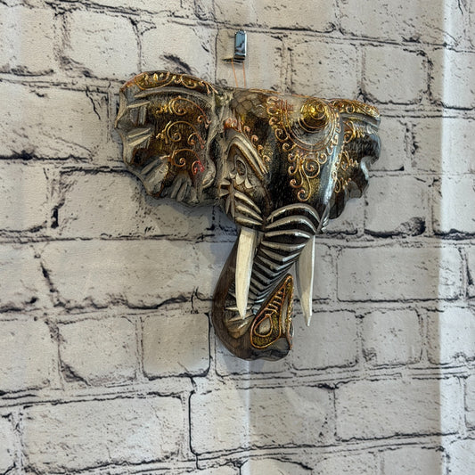 20cm x 20cm Brown Gold Painted Wood Elephant Head Wall Mounted Art Shabby0