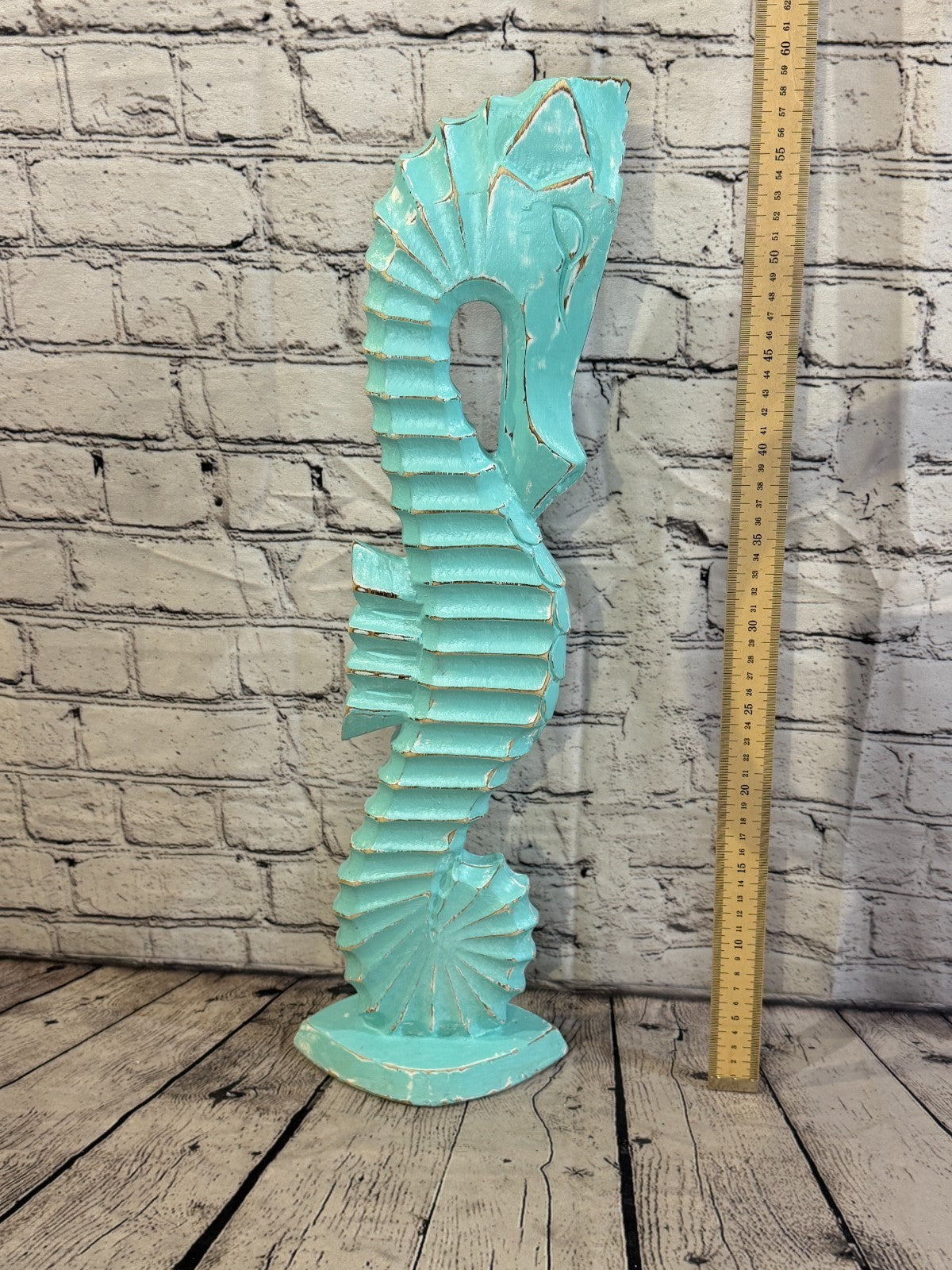 60cm Green Teal Wooden Shabby Seahorse Statue Ornament Fair Trade Handcarved5