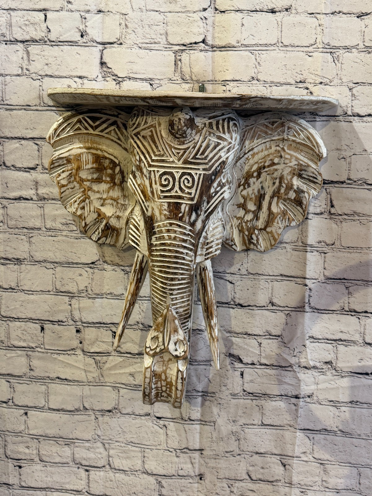 50cm x 45cm Brown Carved Wood Elephant Head Shelf Wall Mounted Art Large Shabby2