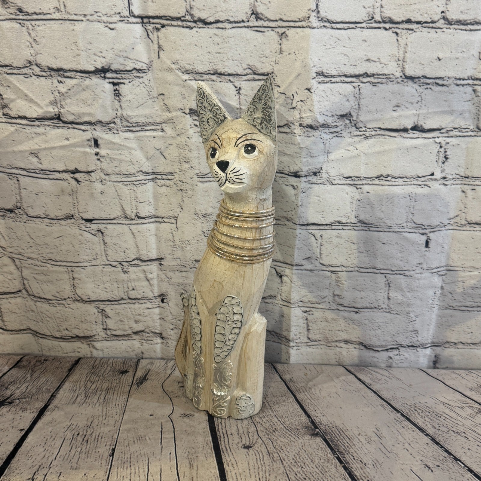 40cm White Silver Dots Wooden Shabby Cat Statue Ornament Fair Trade Handcarved1