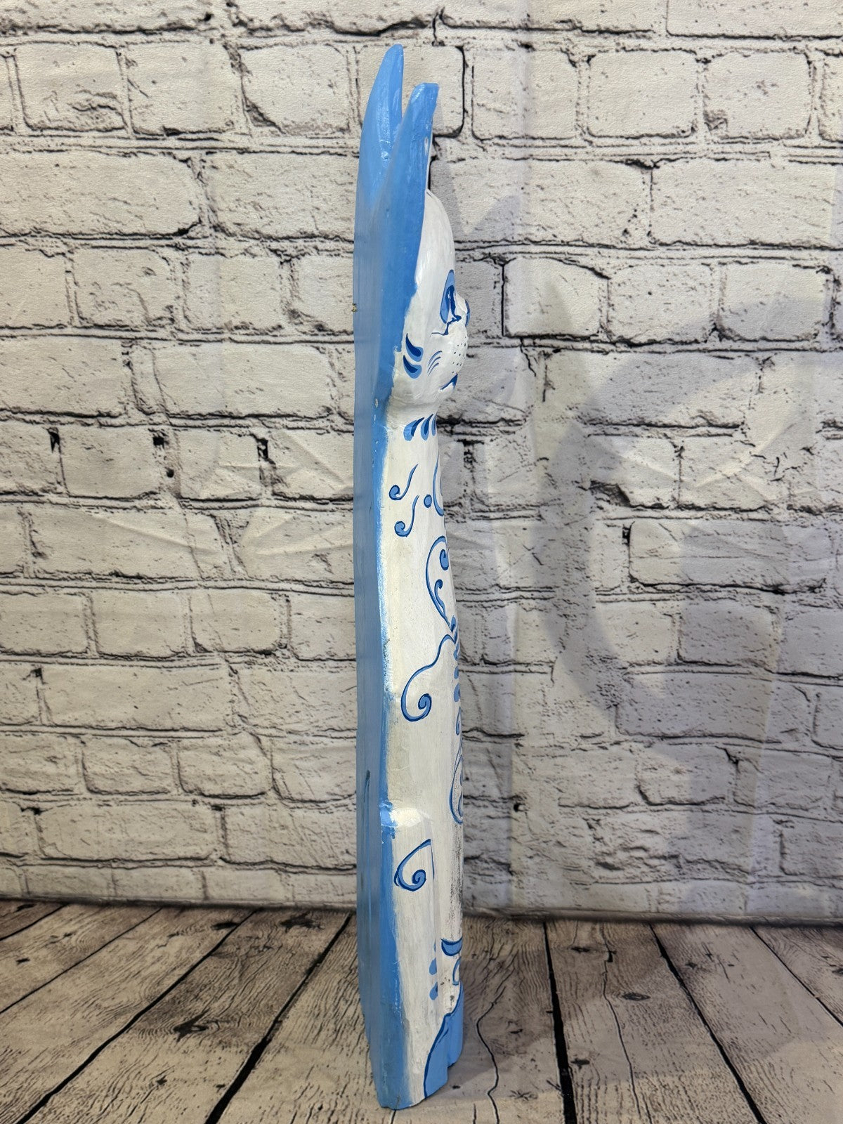 60cm Blue White Flower Wooden Shabby Cat Statue Ornament Fair Trade Handcarved3