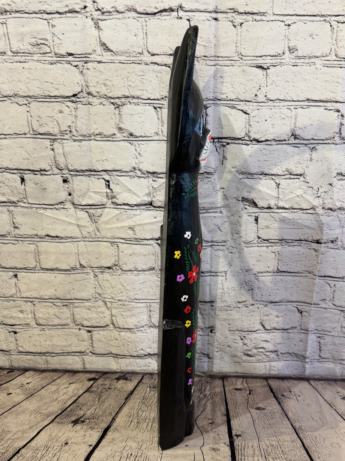 60cm Black Mix Flower Wooden Shabby Cat Statue Ornament Fair Trade Handcarved3