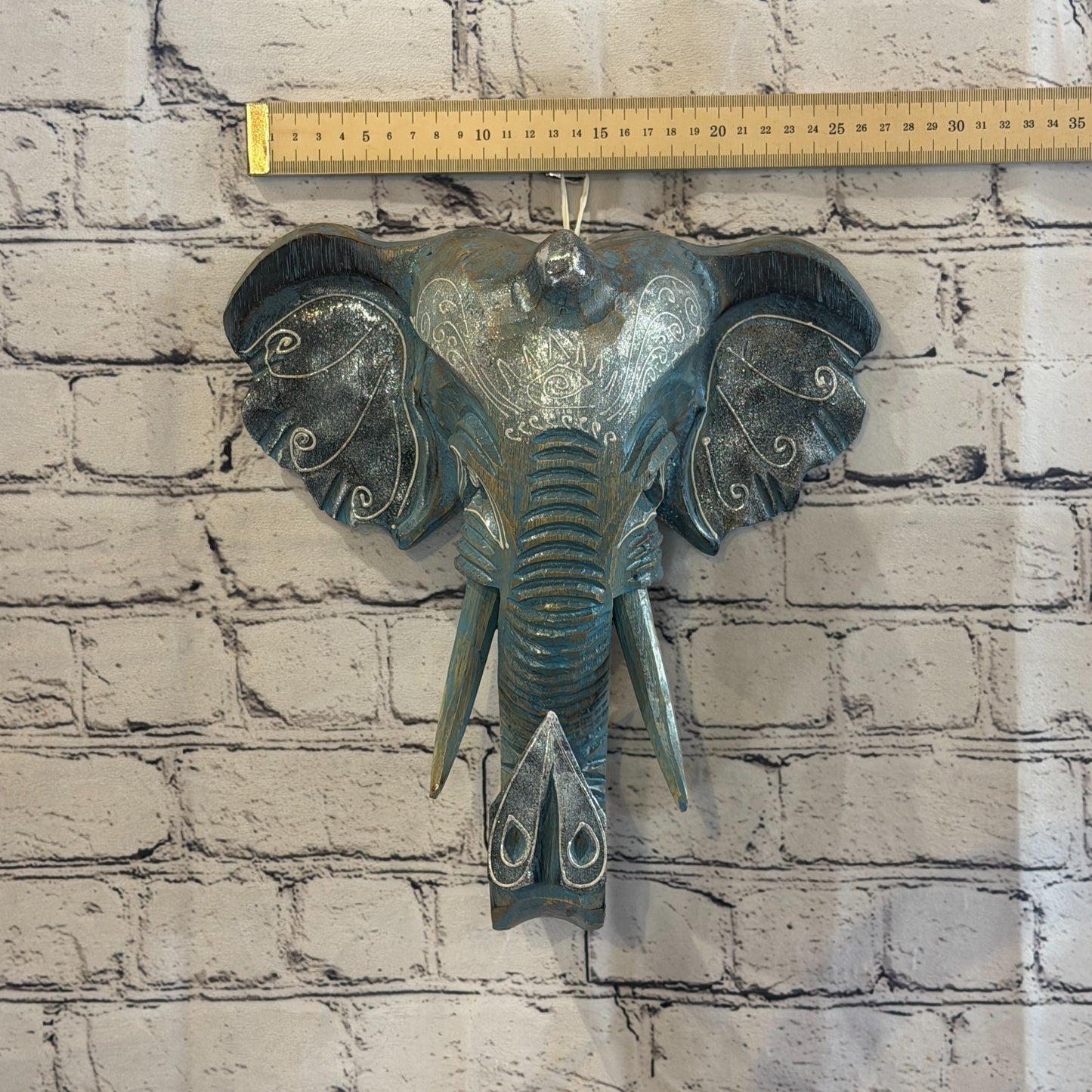 30cm x 30cm Silver Blue Painted Wood Elephant Head Wall Mounted Art Shabby3