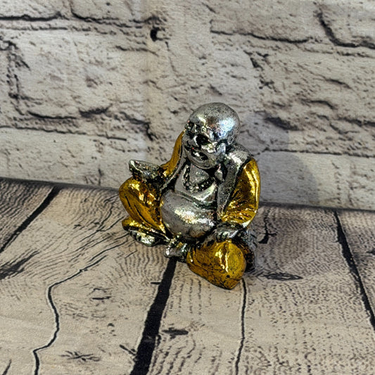 Silver And Gold 10cm x 10cm Small Chinese Buddha Sitting On Lotus Statue Resin0