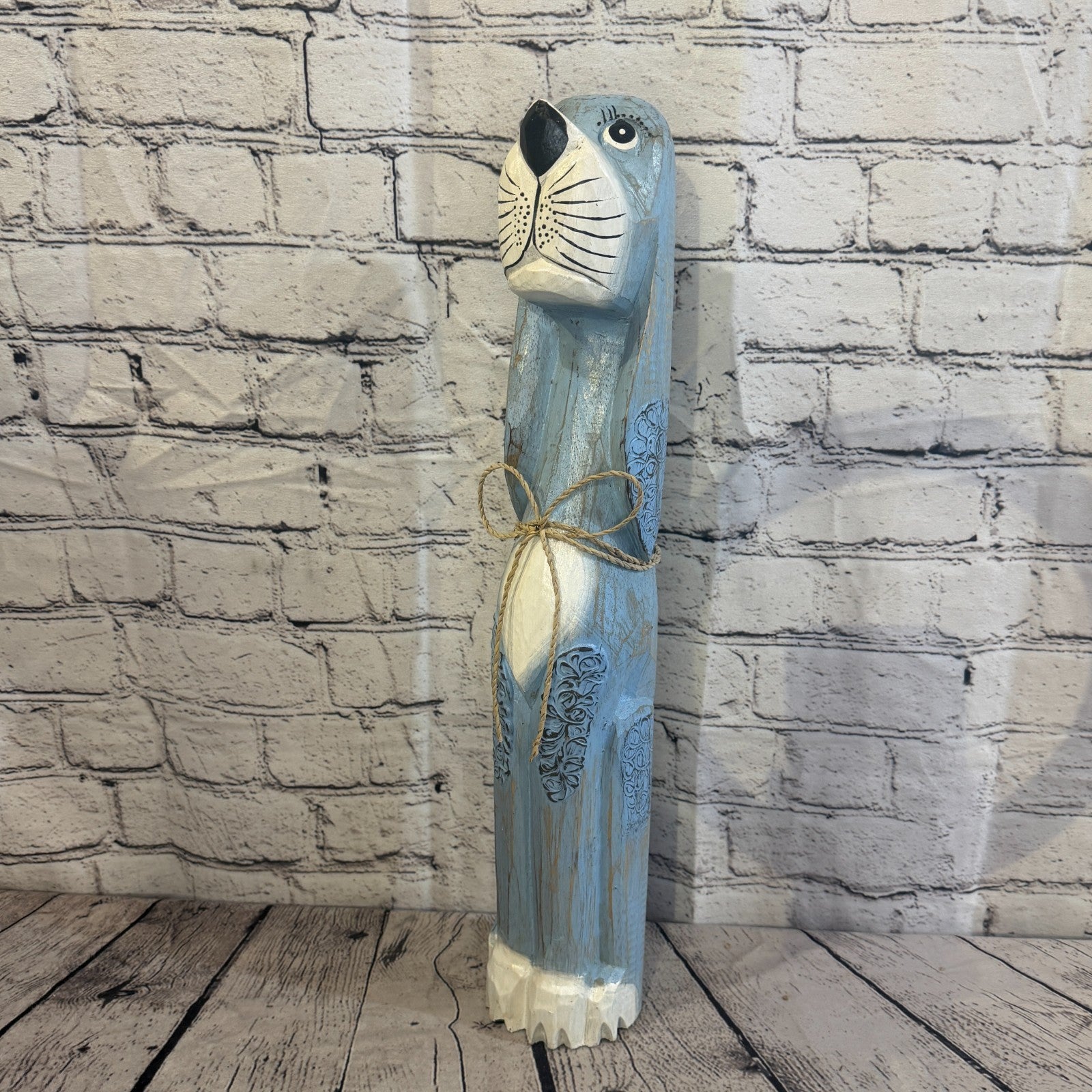 50cm Light Blue Wooden Shabby Dog Statue Ornament Fair Trade Handcarved0