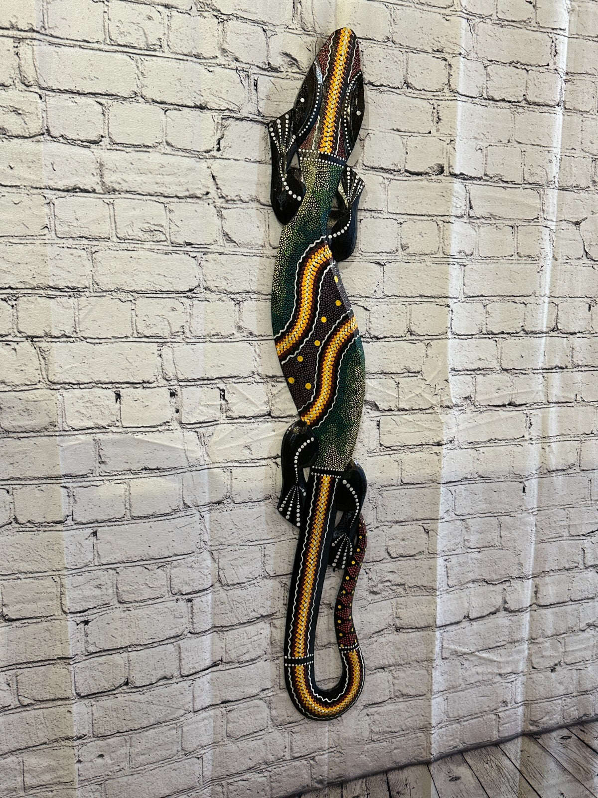 100cm Gecko Carved Wooden Dot Painted Ethnic Tribal Tiki Wall Handmade No 10