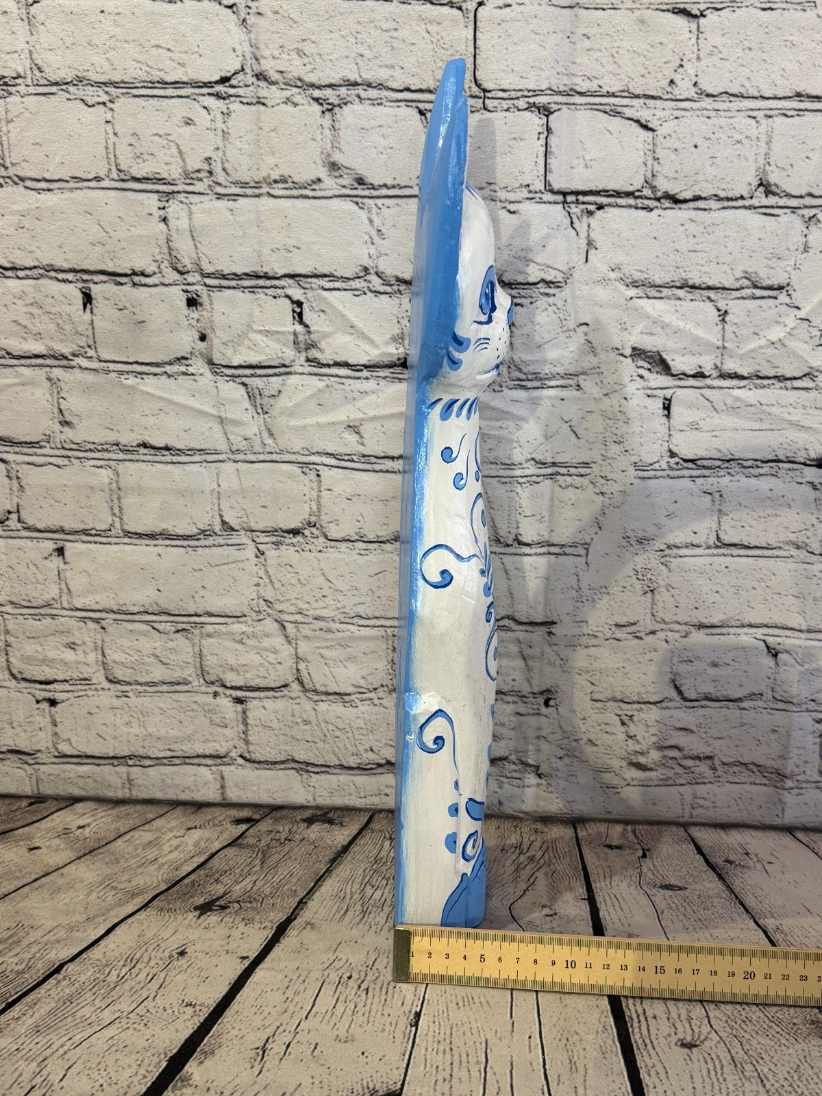 50cm Blue White Flower Wooden Shabby Cat Statue Ornament Fair Trade Handcarved7