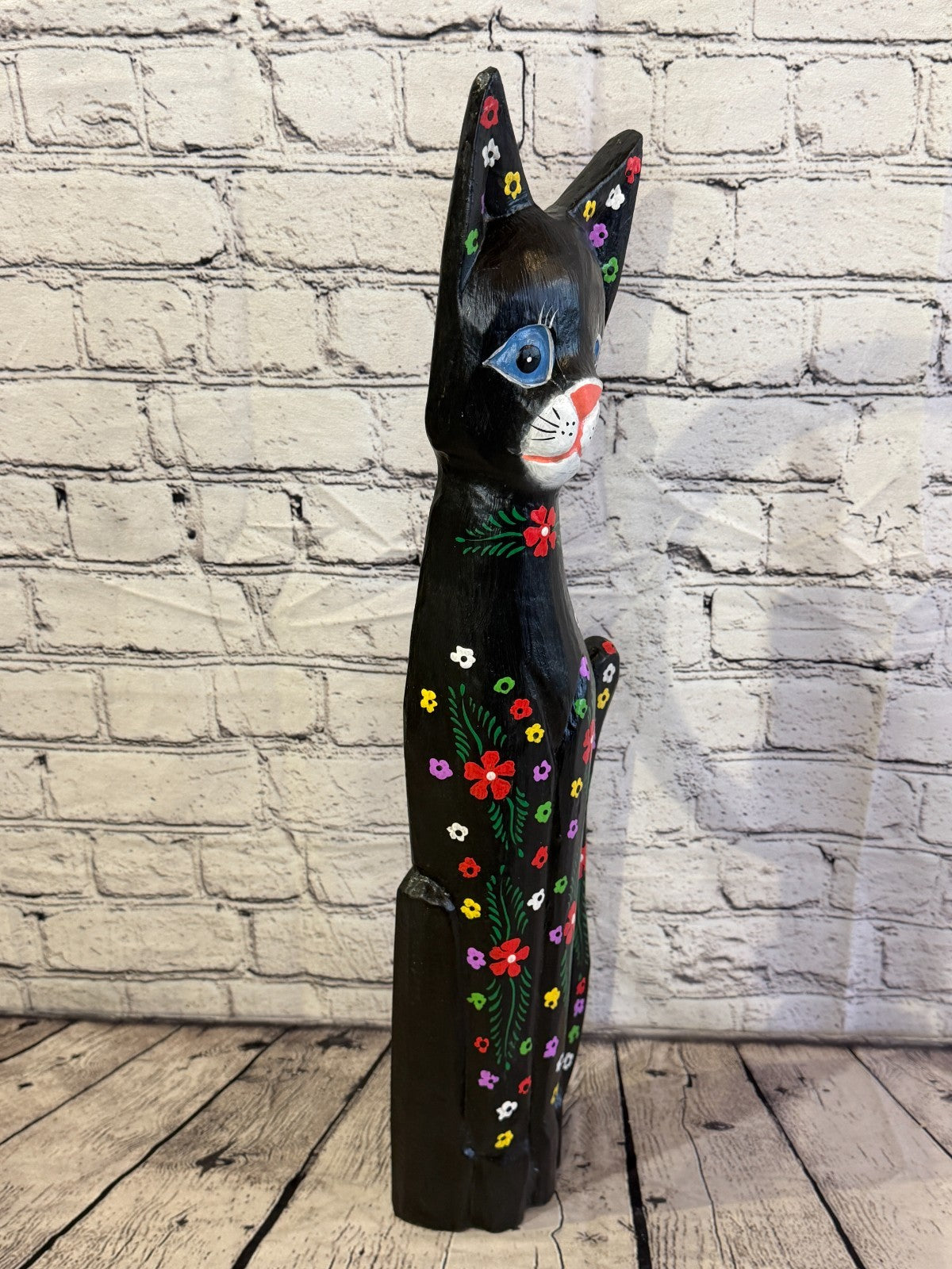 60cm Black Mix Flower Wooden Shabby Cat Statue Ornament Fair Trade Handcarved2