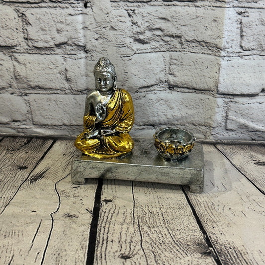 Silver And Gold 15cm x 15cm Thai Buddha Tea Light Holder Statue Resin Hindu0