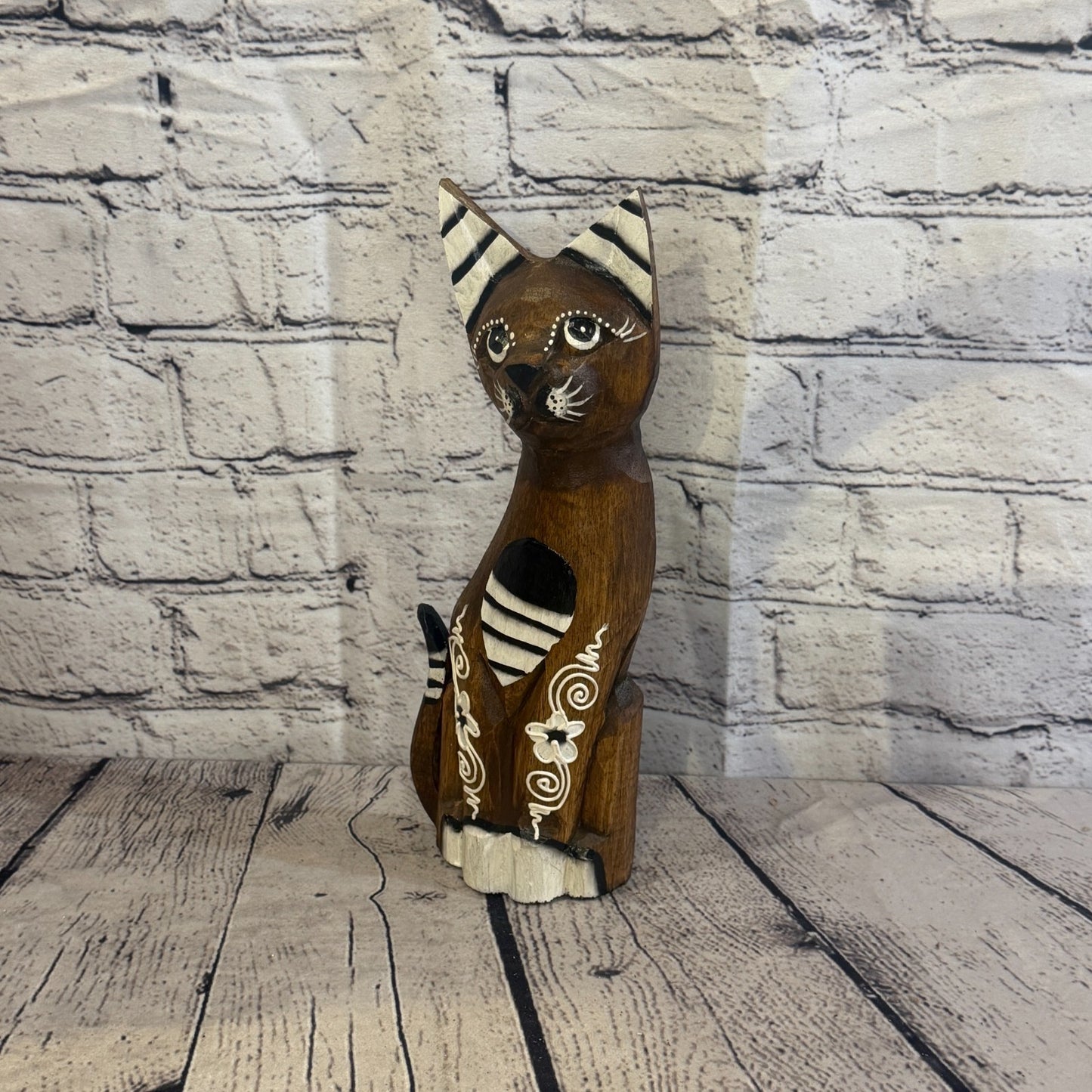 30cm Brown Flower Wooden Shabby Cat Statue Ornament Fair Trade Handcarved1