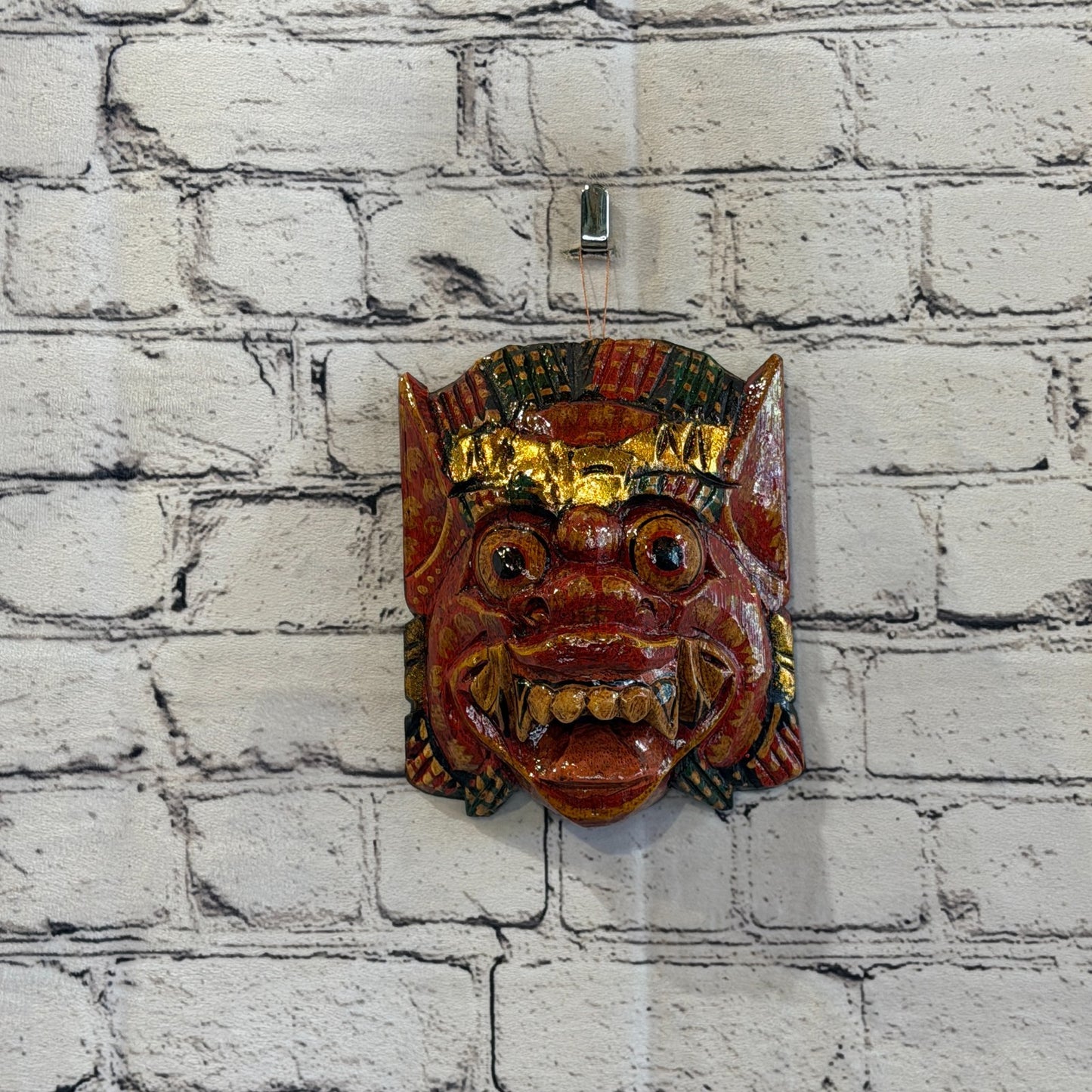 Medium Wooden Red Barong Wall Mask 15cm x 15cm Handmade And Fairtrade Hindu2