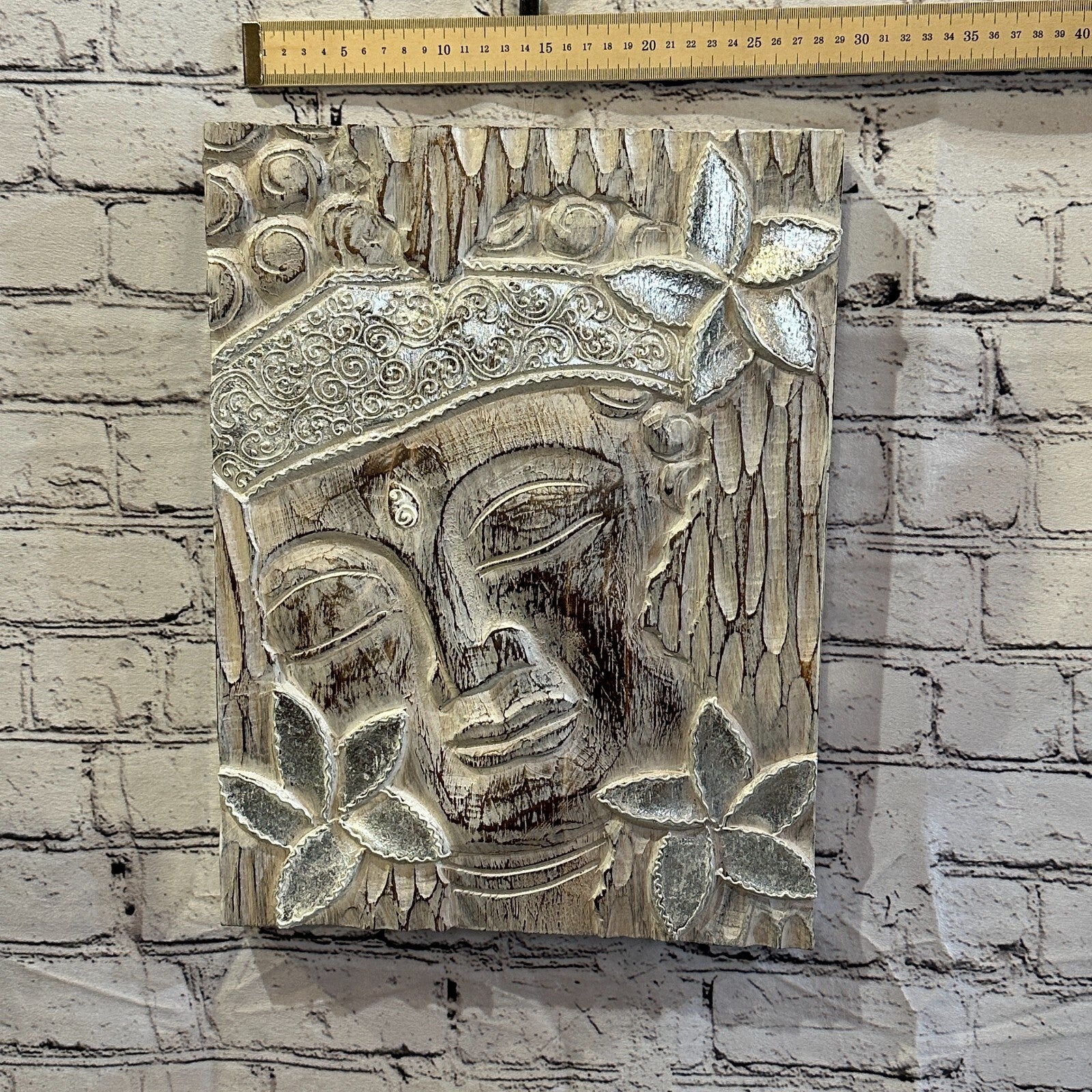 Wooden Wood Panel 40cm Brown White Buddha Hibiscus Wall Art Plaque Handcarved3