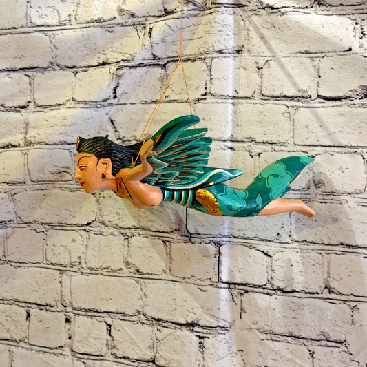 30cm Green Sita Hindu Folk Art Carved Wood Flying Winged Mobile Spirit Guardian0