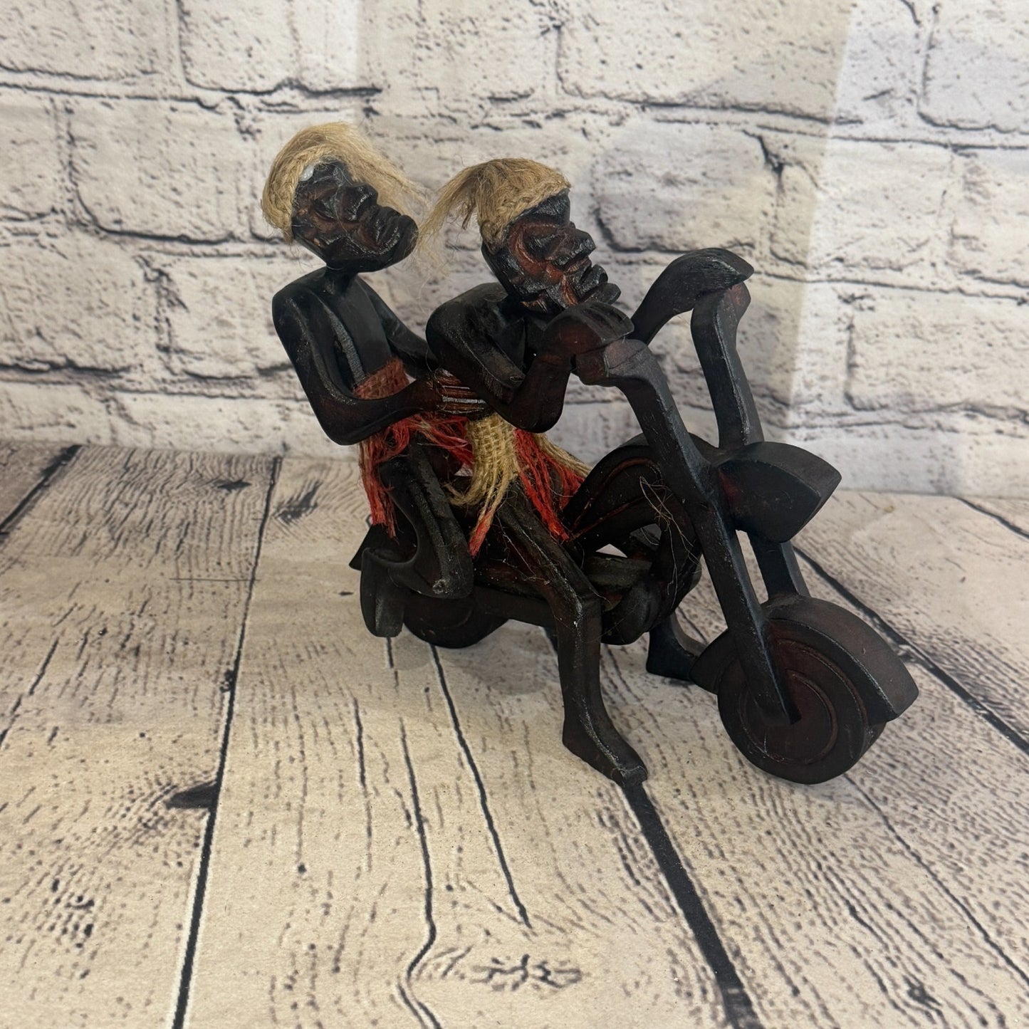 20cm Couple Motorbike African Tribal Warrior Man Figure Statue Wood Hand Carved2