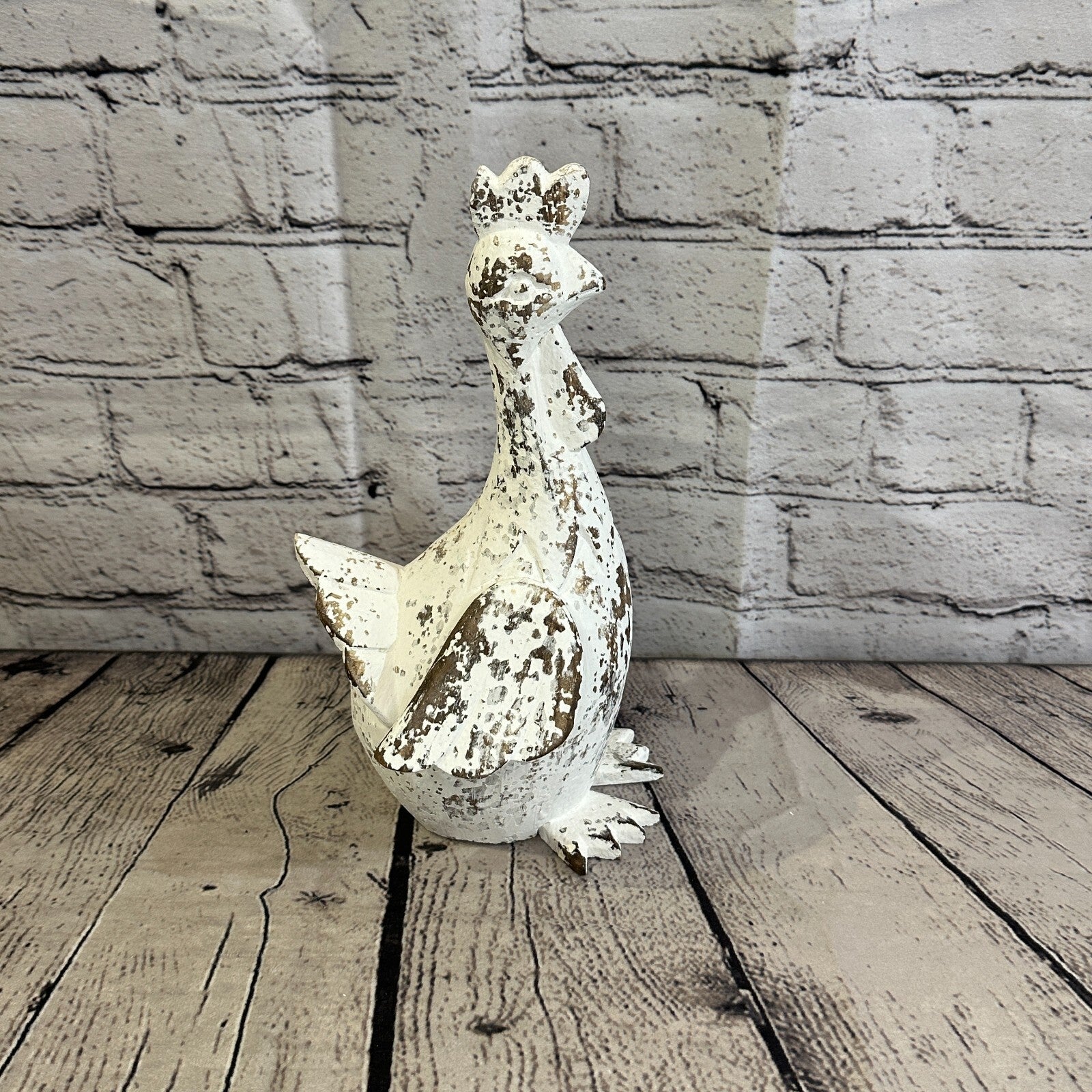 25cm x 12cm White Shabby Wooden Rooster Cockerel Retro Collectable Hand Carved3
