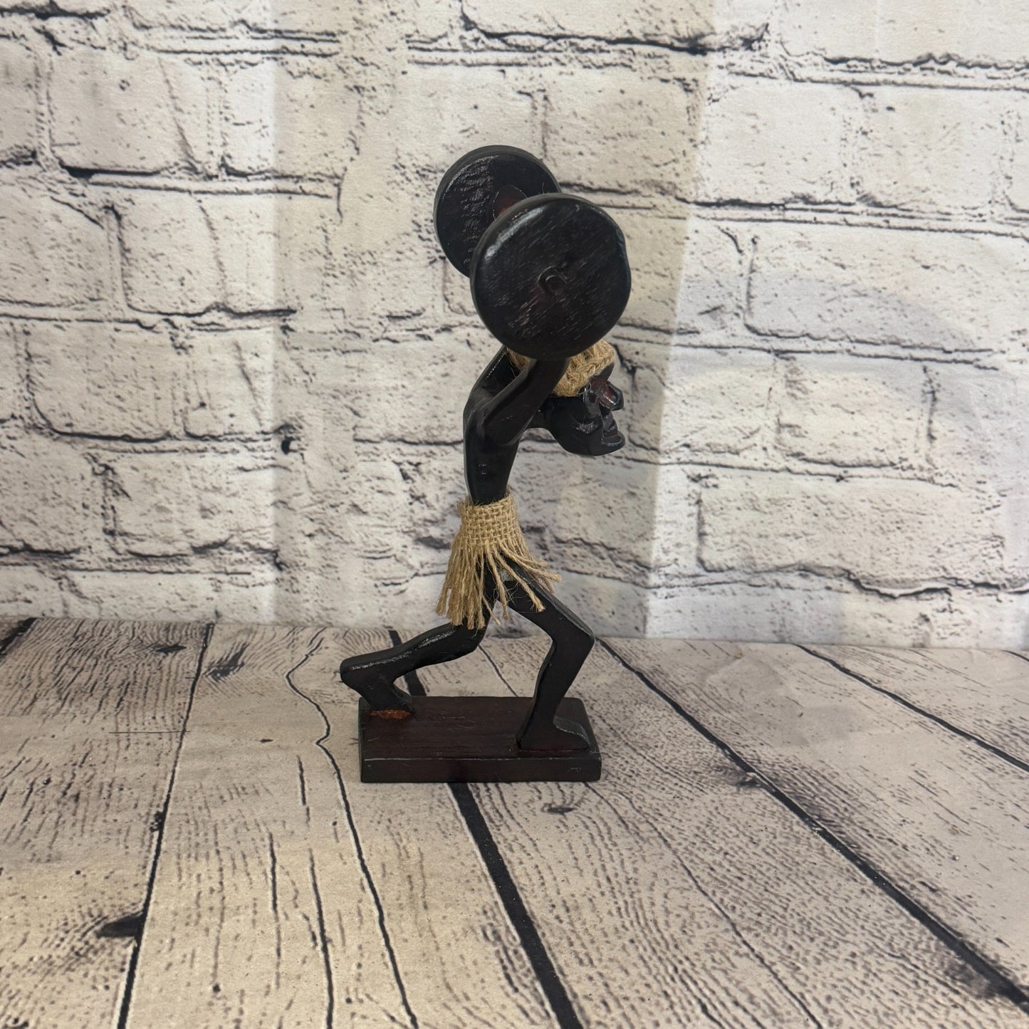 20cm Weight Lifting African Tribal Warrior Man Figure Statue Wood Hand Carved3