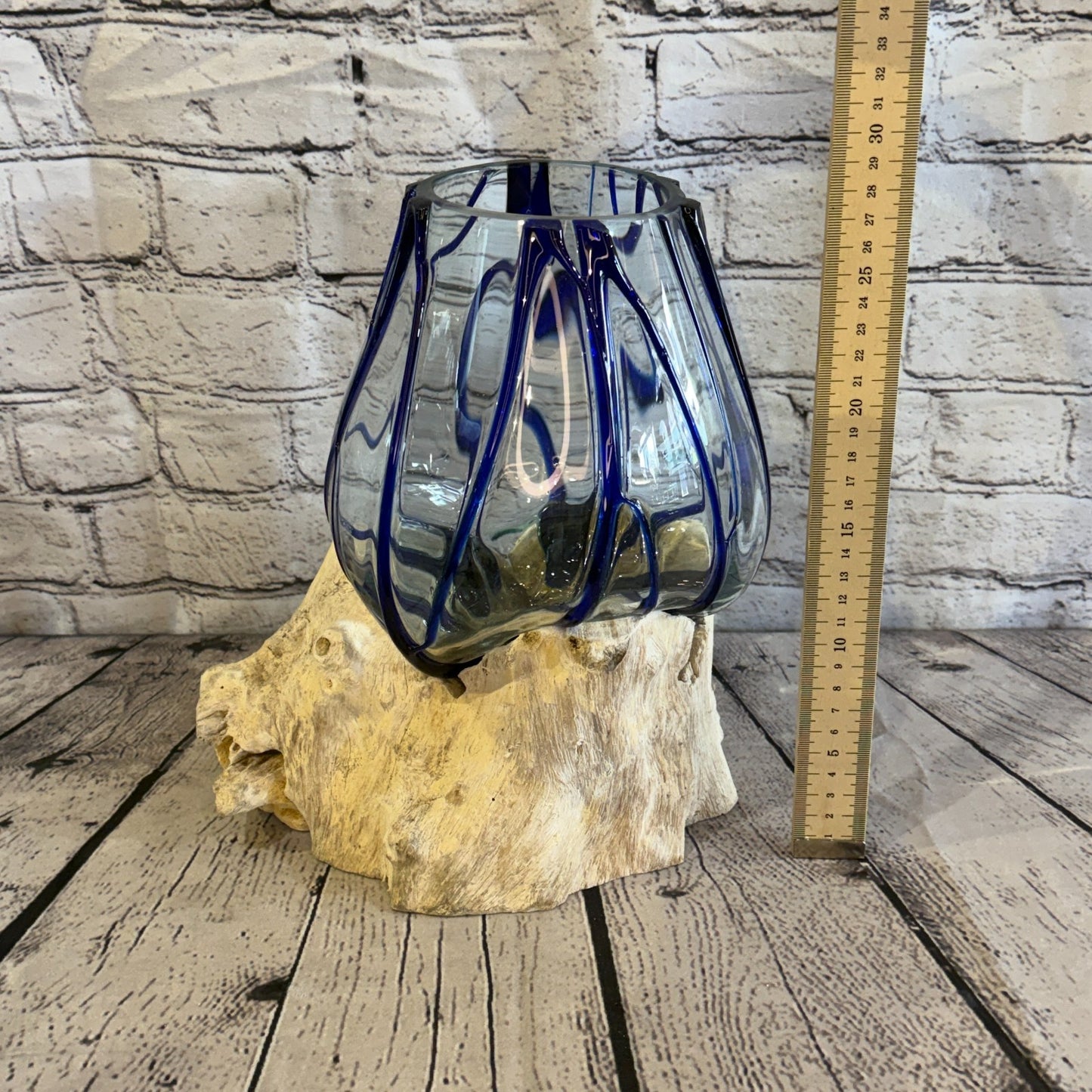 30cm Tall Blue Streak Melted Glass Wood Decorative Vase Glass Sculpture Crafted4