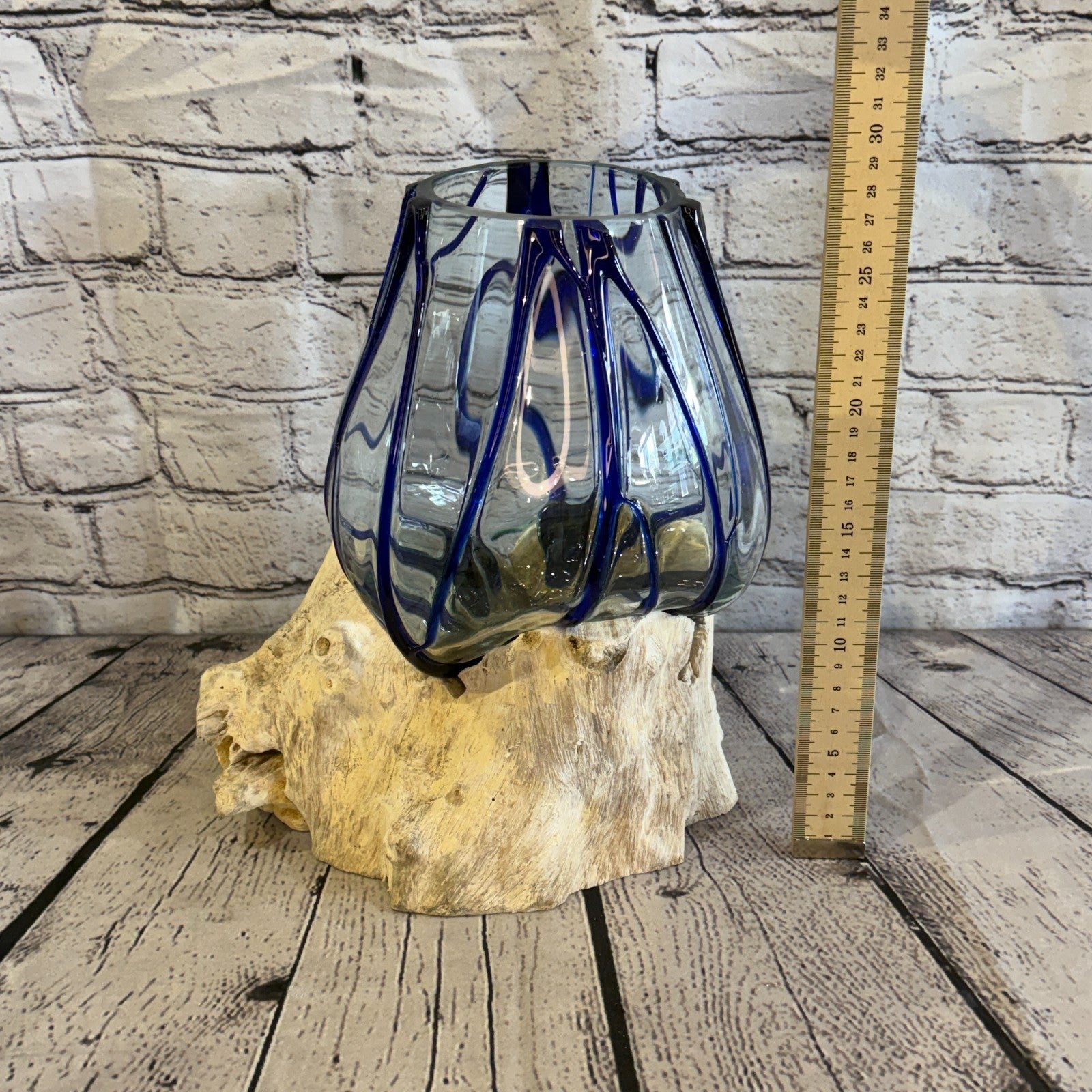 30cm Tall Blue Streak Melted Glass Wood Decorative Vase Glass Sculpture Crafted4