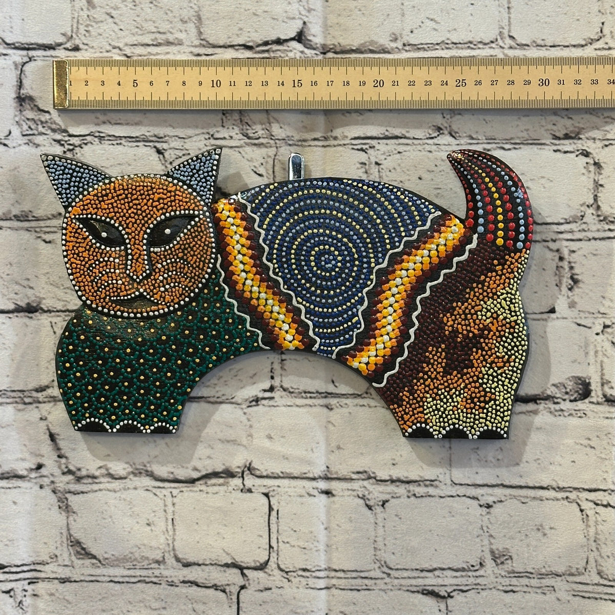 30cm Orange Cat Carved Wooden Dot Painted Ethnic Tribal Tiki Wall Art Handmade4
