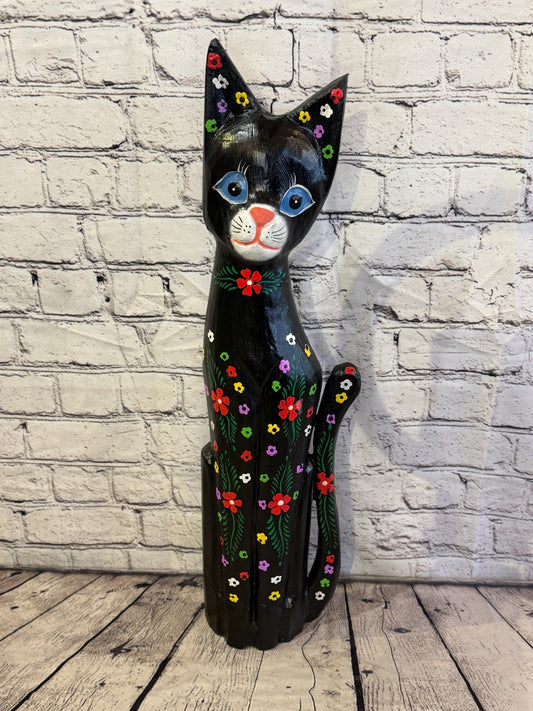 60cm Black Mix Flower Wooden Shabby Cat Statue Ornament Fair Trade Handcarved0
