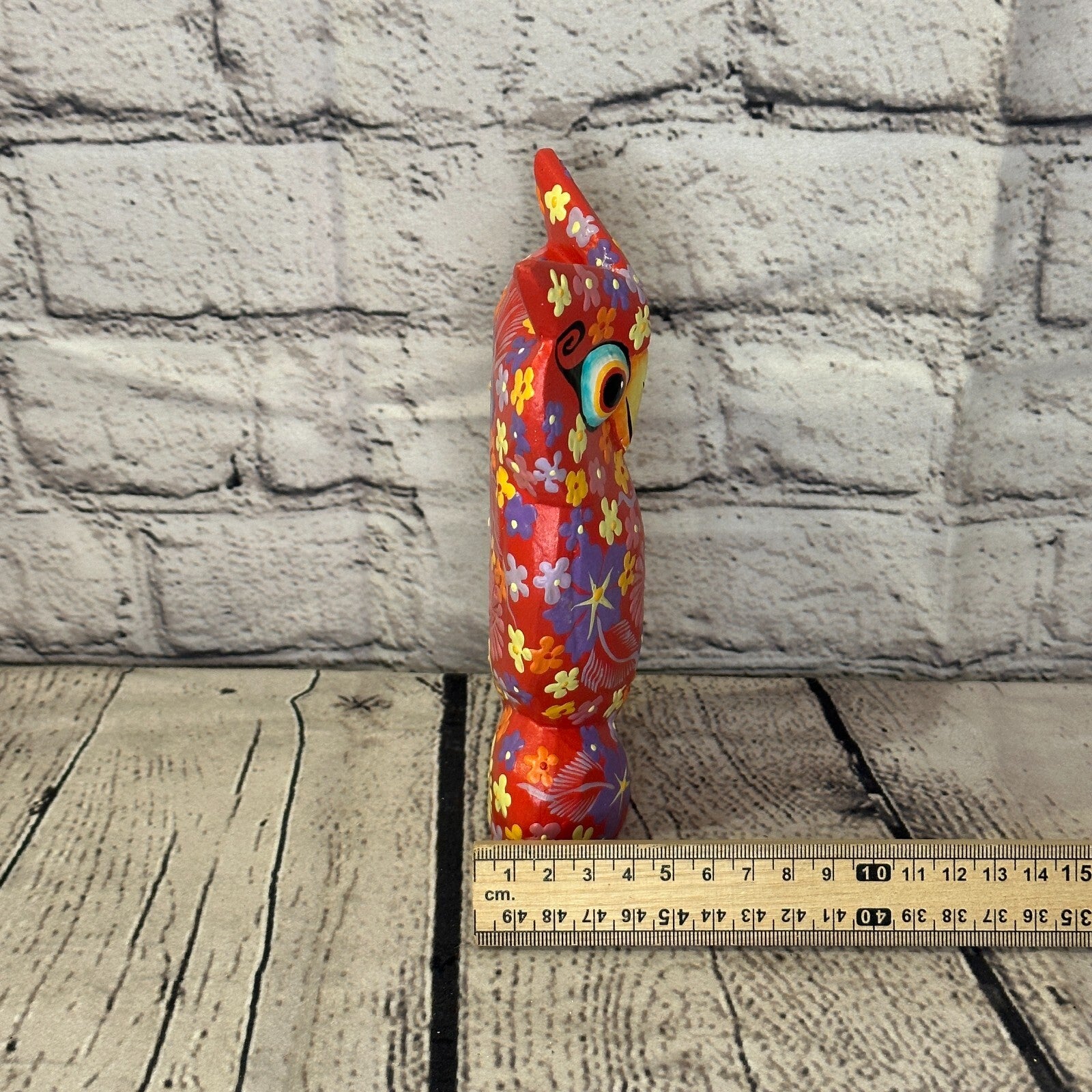 Red Medium Wooden Owl With Flower Pattern 15cm x 8cm Handmade and Fairtrade7