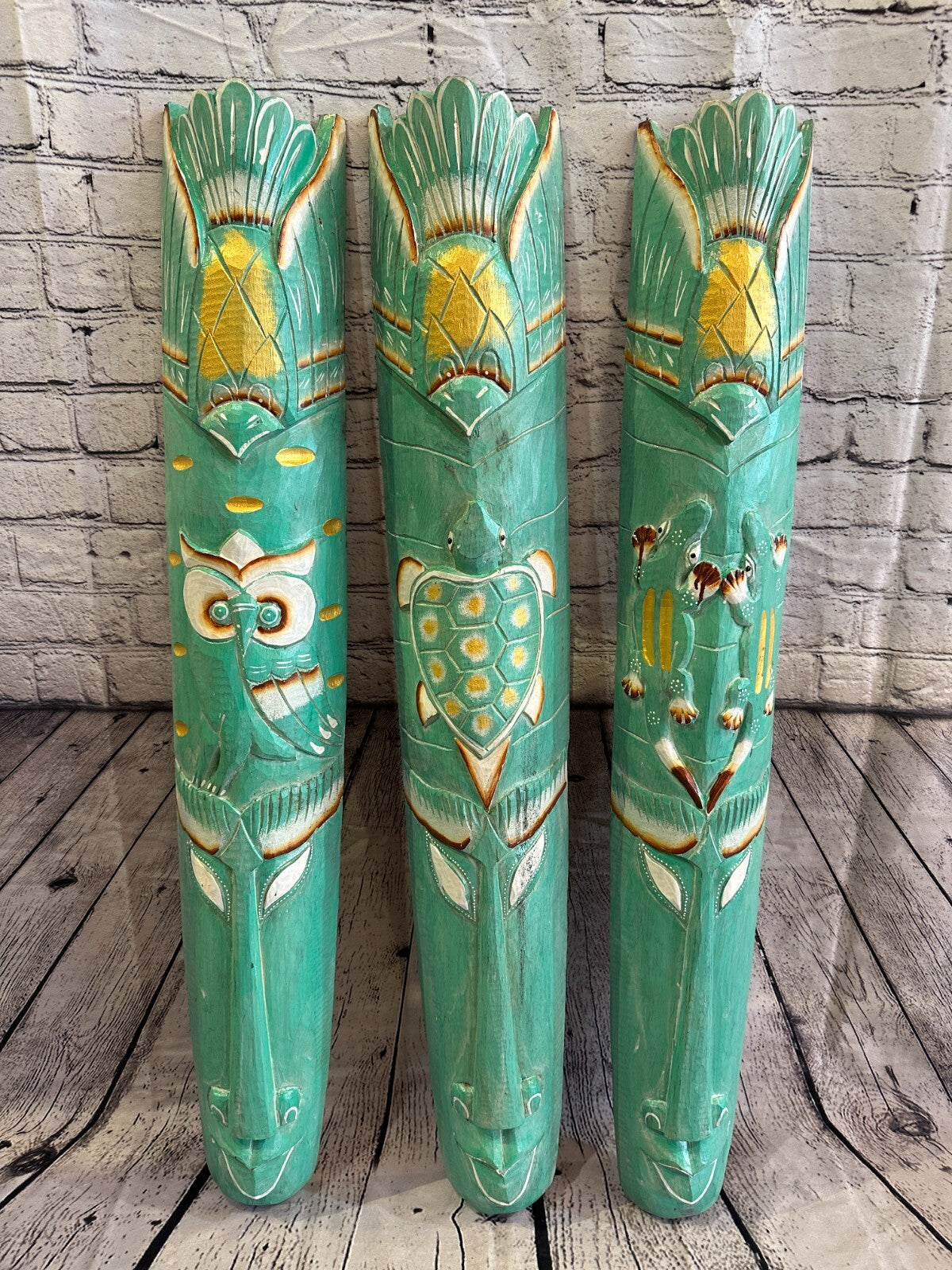 100cm Green Owl Hand Carved Fair Trade Wooden Animal Wall Art Hang Mask7
