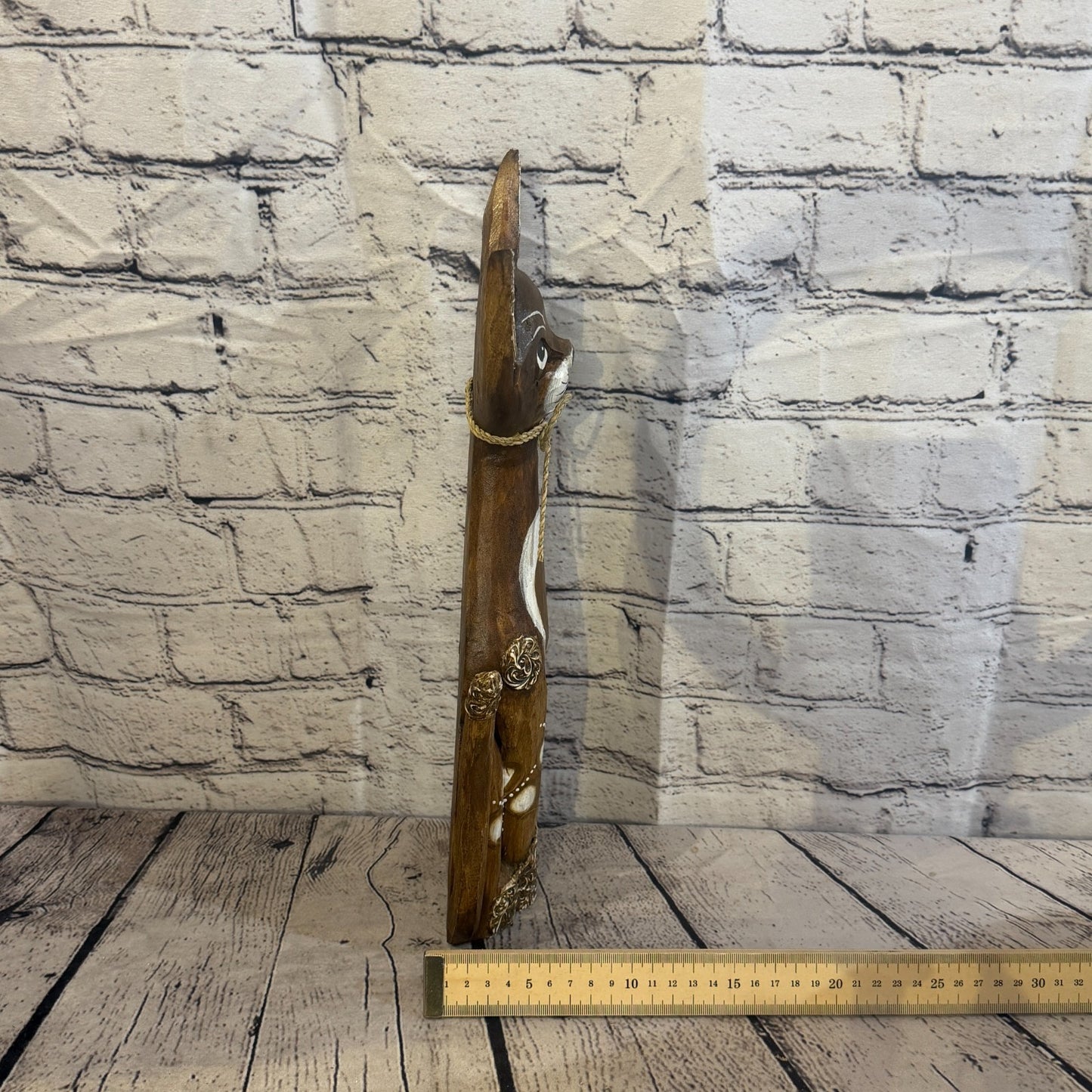 40cm Brown Silver Dots Wooden Shabby Cat Statue Ornament Fair Trade Handcarved7